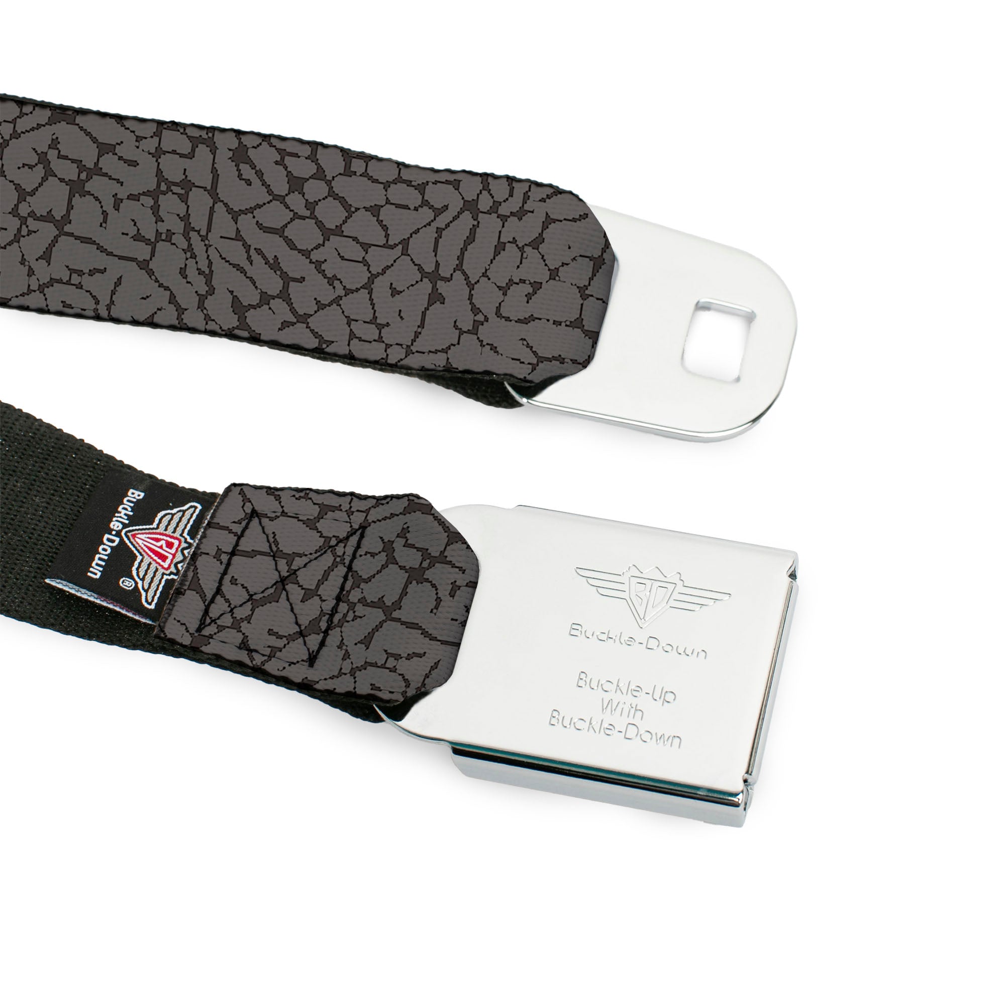 BD Wings Logo CLOSE-UP Full Color Black Silver Seatbelt Belt - Elephant Crackle Grays Webbing Seatbelt Belts Buckle-Down