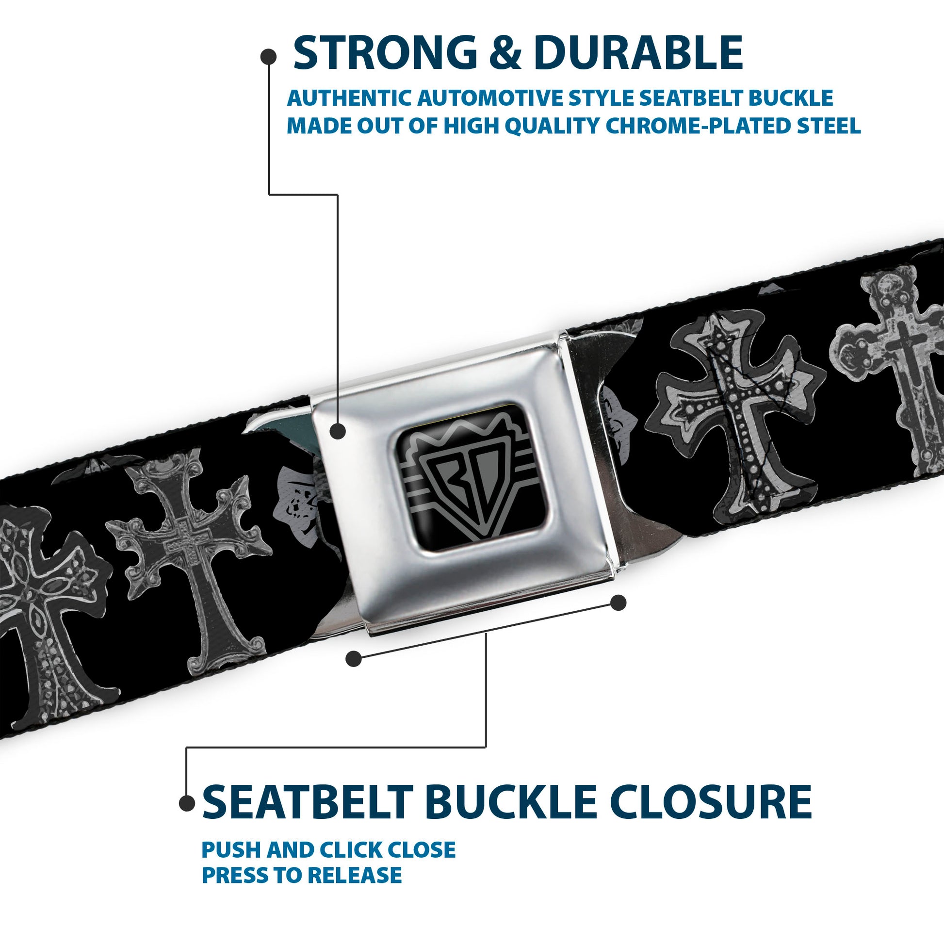 BD Wings Logo CLOSE-UP Full Color Black Silver Seatbelt Belt - Elegant Crosses Black/Grays Webbing Seatbelt Belts Buckle-Down