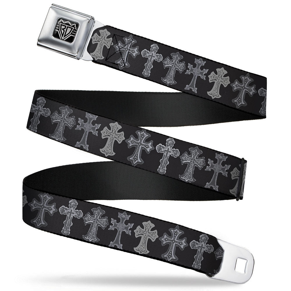 BD Wings Logo CLOSE-UP Full Color Black Silver Seatbelt Belt - Elegant Crosses Black/Grays Webbing Seatbelt Belts Buckle-Down