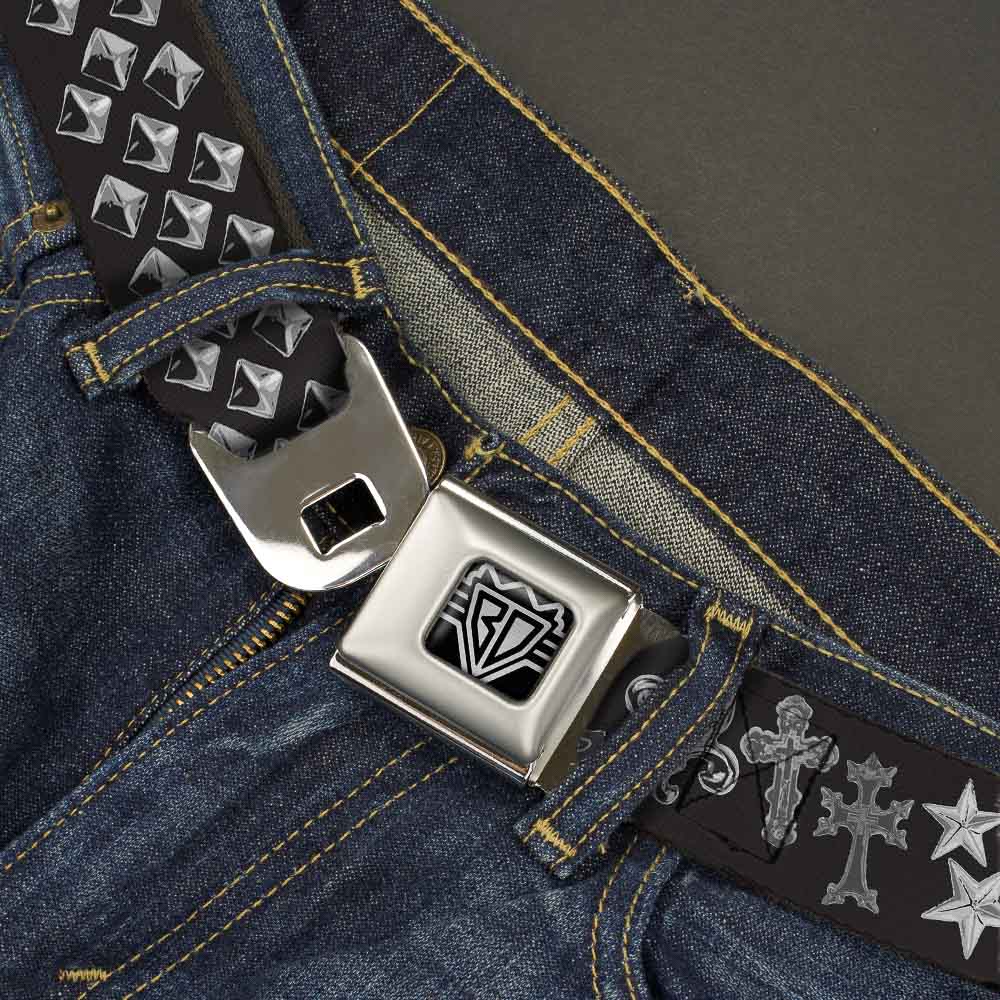 BD Wings Logo CLOSE-UP Full Color Black Silver Seatbelt Belt - Elegant Crosses/Stars/Studs Black/Grays Webbing Seatbelt Belts Buckle-Down