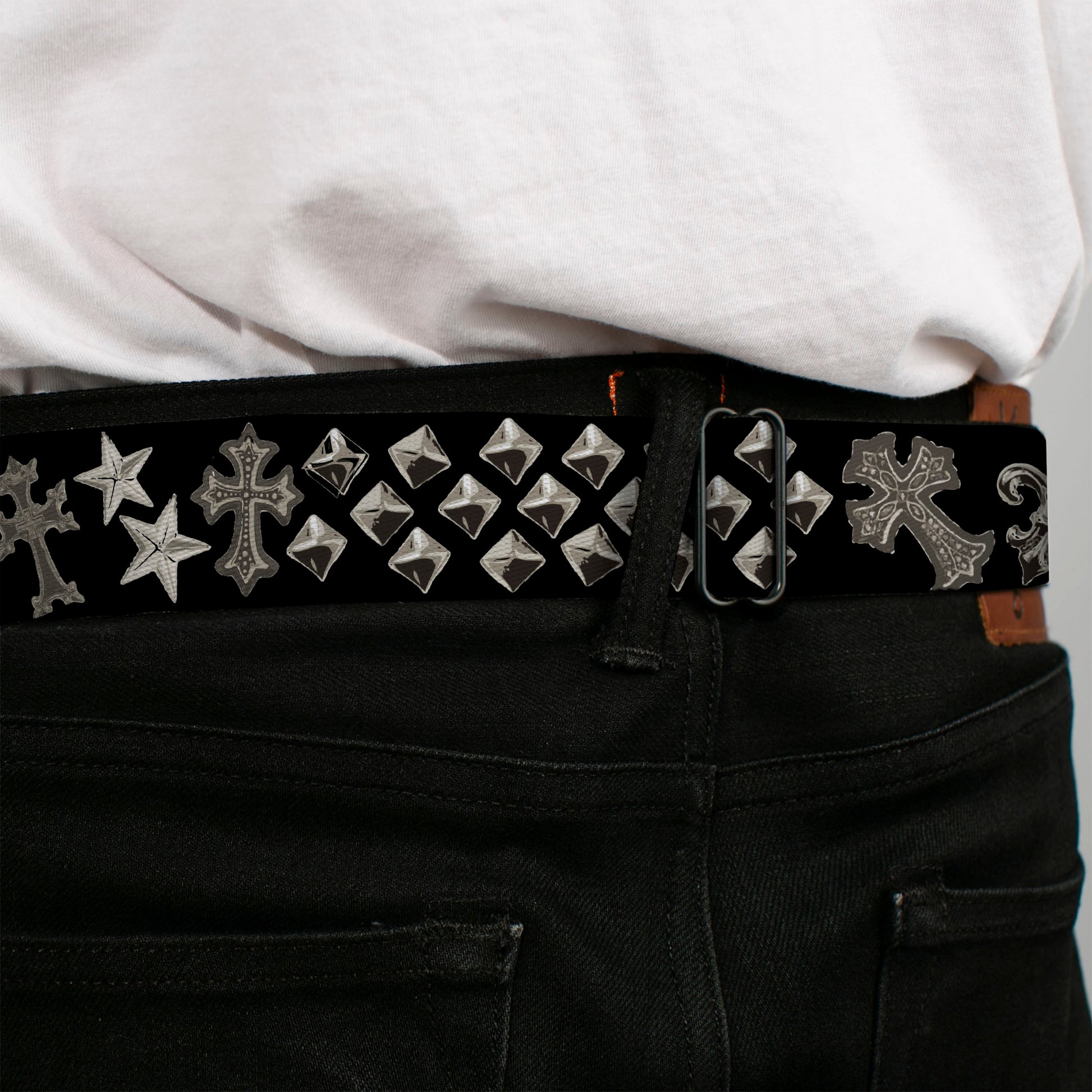 BD Wings Logo CLOSE-UP Full Color Black Silver Seatbelt Belt - Elegant Crosses/Stars/Studs Black/Grays Webbing Seatbelt Belts Buckle-Down