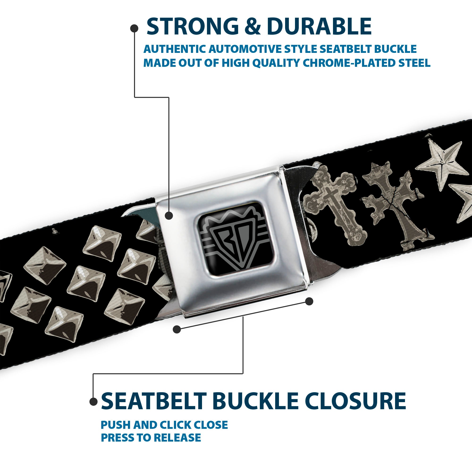 BD Wings Logo CLOSE-UP Full Color Black Silver Seatbelt Belt - Elegant Crosses/Stars/Studs Black/Grays Webbing Seatbelt Belts Buckle-Down