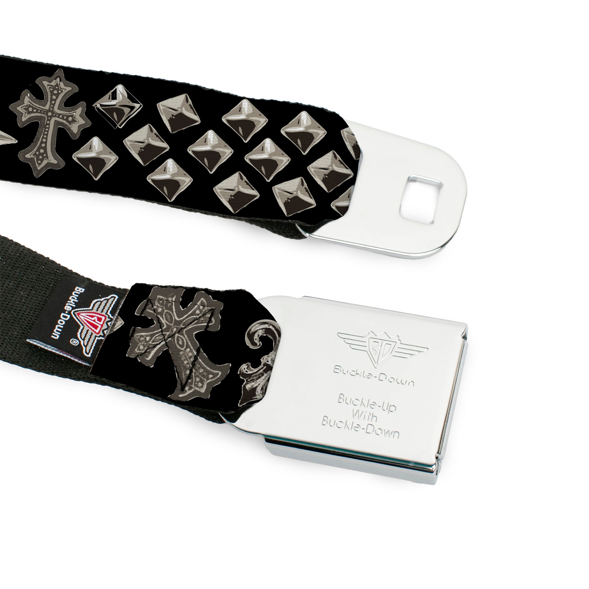 BD Wings Logo CLOSE-UP Full Color Black Silver Seatbelt Belt - Elegant Crosses/Stars/Studs Black/Grays Webbing Seatbelt Belts Buckle-Down