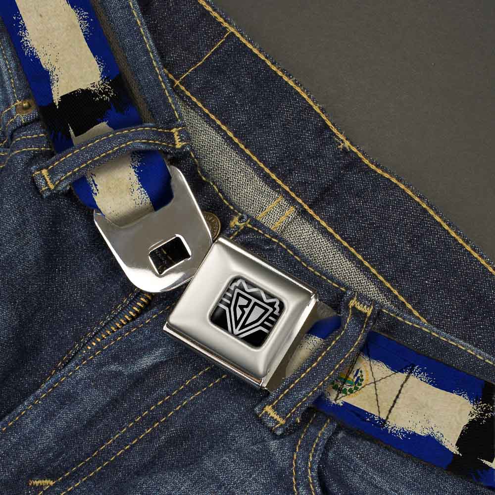 BD Wings Logo CLOSE-UP Full Color Black Silver Seatbelt Belt - El Salvador Flag Distressed Painting Webbing Seatbelt Belts Buckle-Down