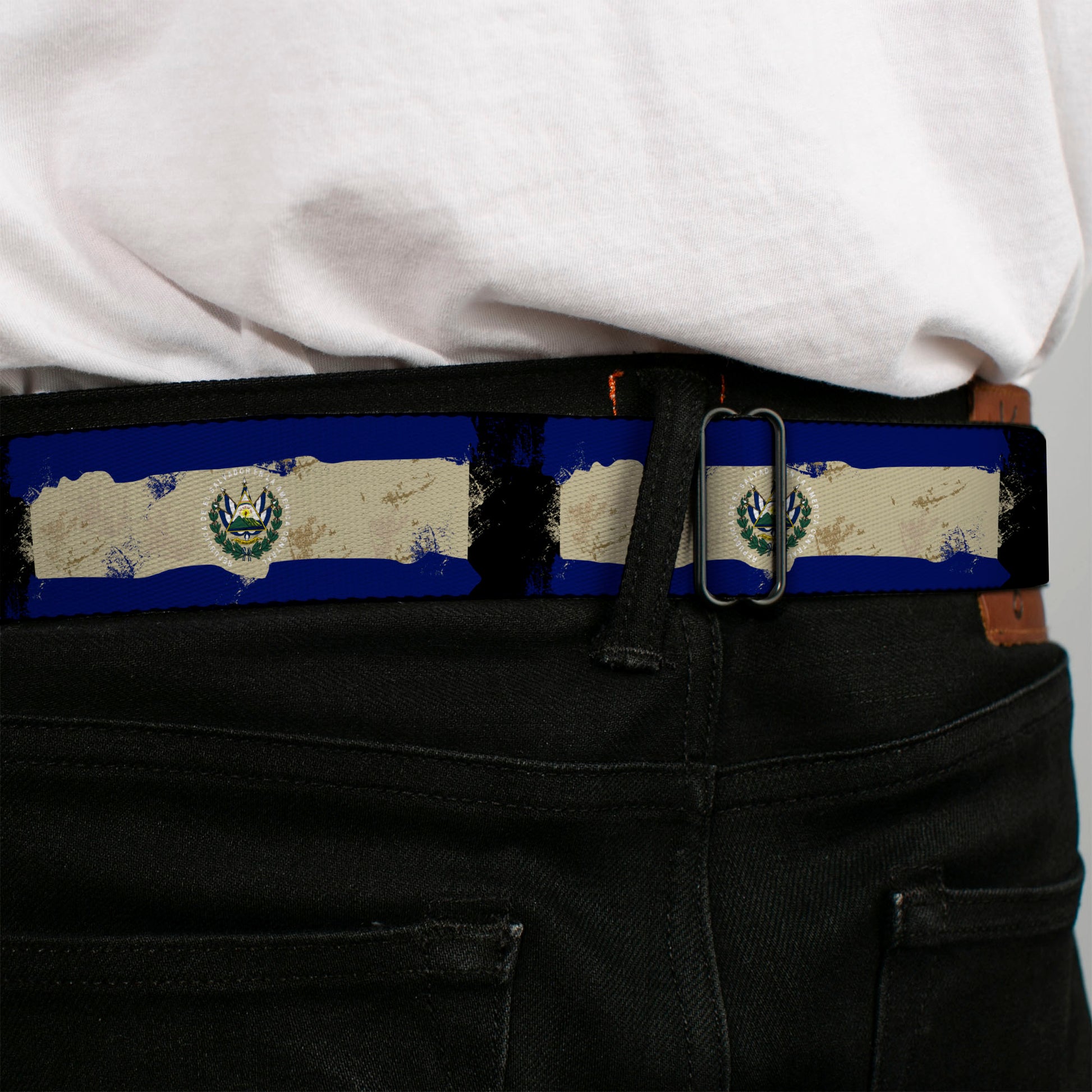 BD Wings Logo CLOSE-UP Full Color Black Silver Seatbelt Belt - El Salvador Flag Distressed Painting Webbing Seatbelt Belts Buckle-Down