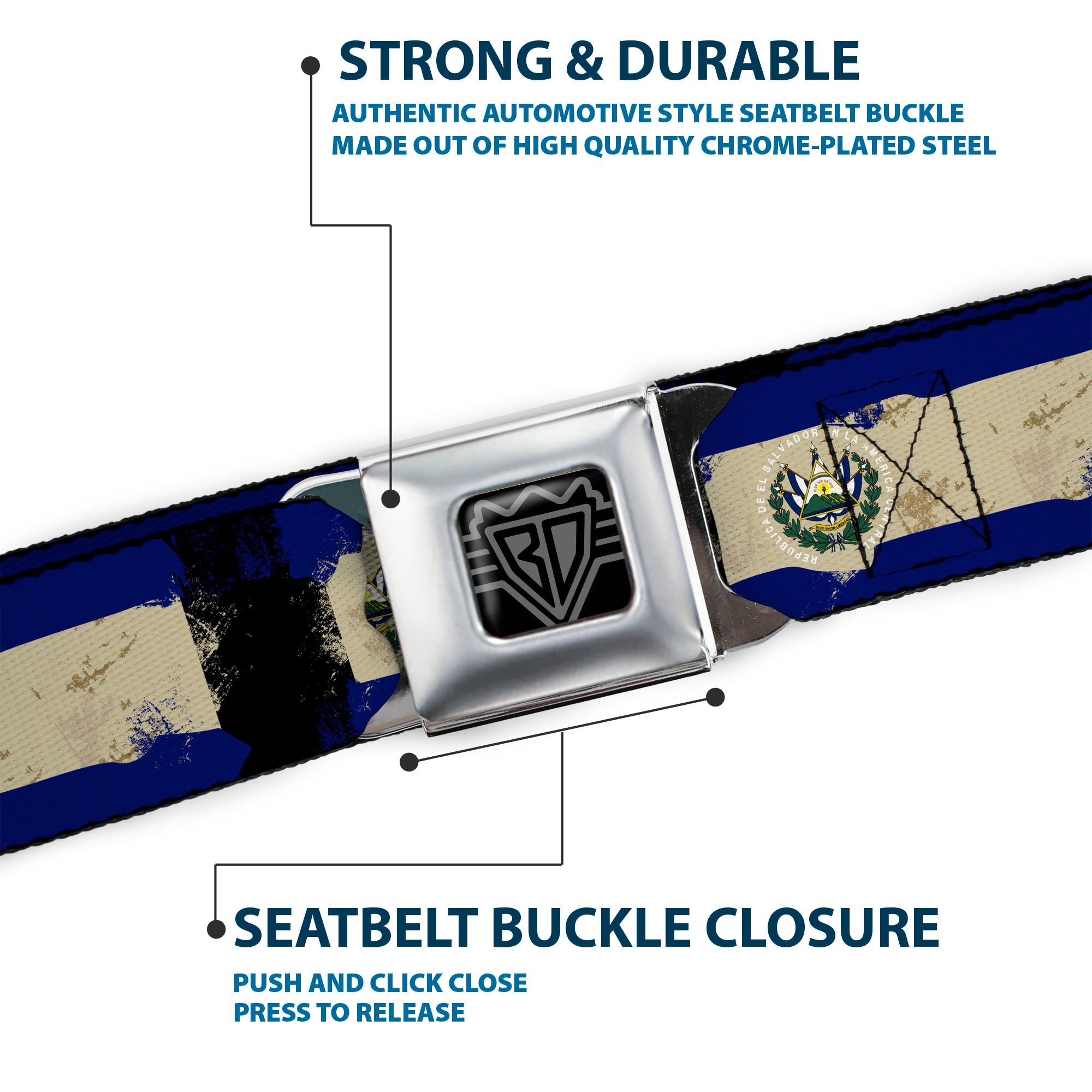 BD Wings Logo CLOSE-UP Full Color Black Silver Seatbelt Belt - El Salvador Flag Distressed Painting Webbing Seatbelt Belts Buckle-Down