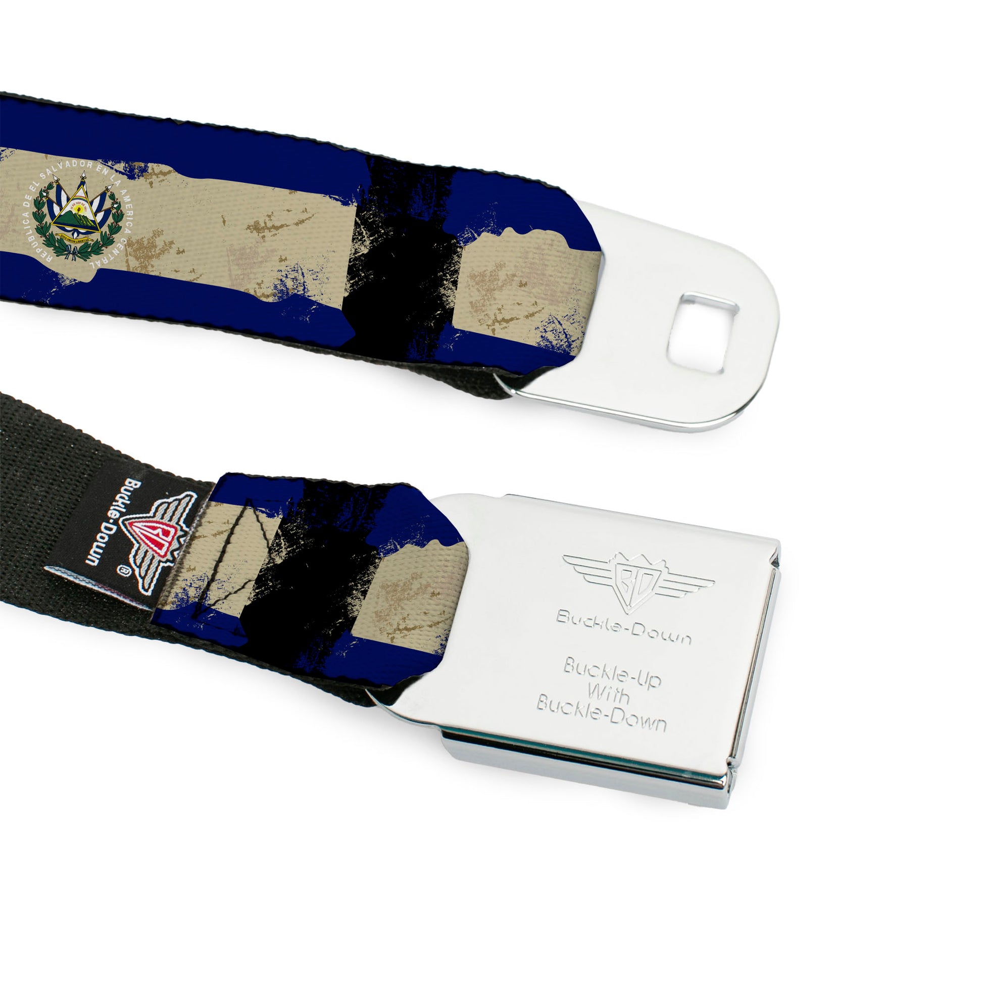 BD Wings Logo CLOSE-UP Full Color Black Silver Seatbelt Belt - El Salvador Flag Distressed Painting Webbing Seatbelt Belts Buckle-Down