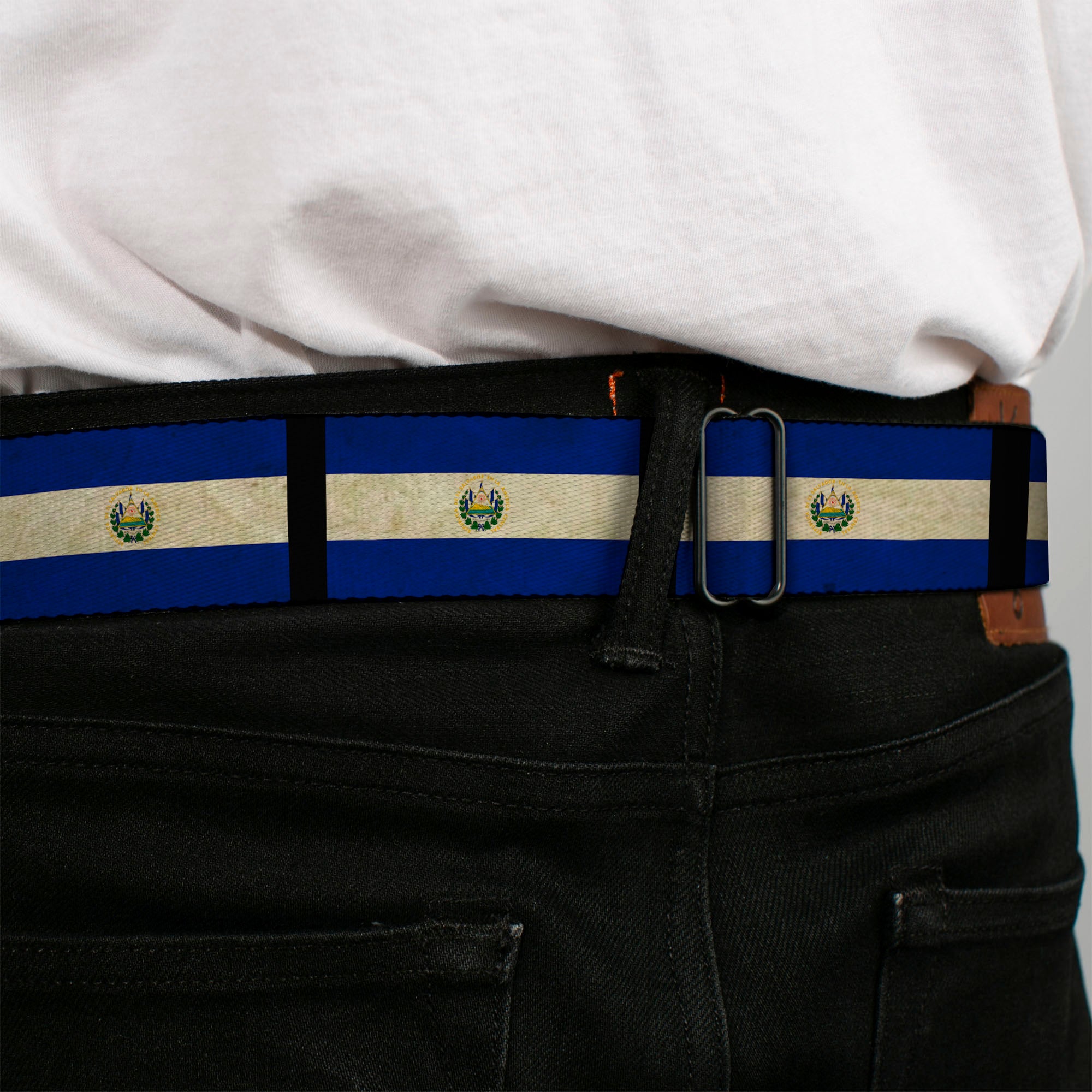 BD Wings Logo CLOSE-UP Full Color Black Silver Seatbelt Belt - El Salvador Flag/Black Webbing Seatbelt Belts Buckle-Down