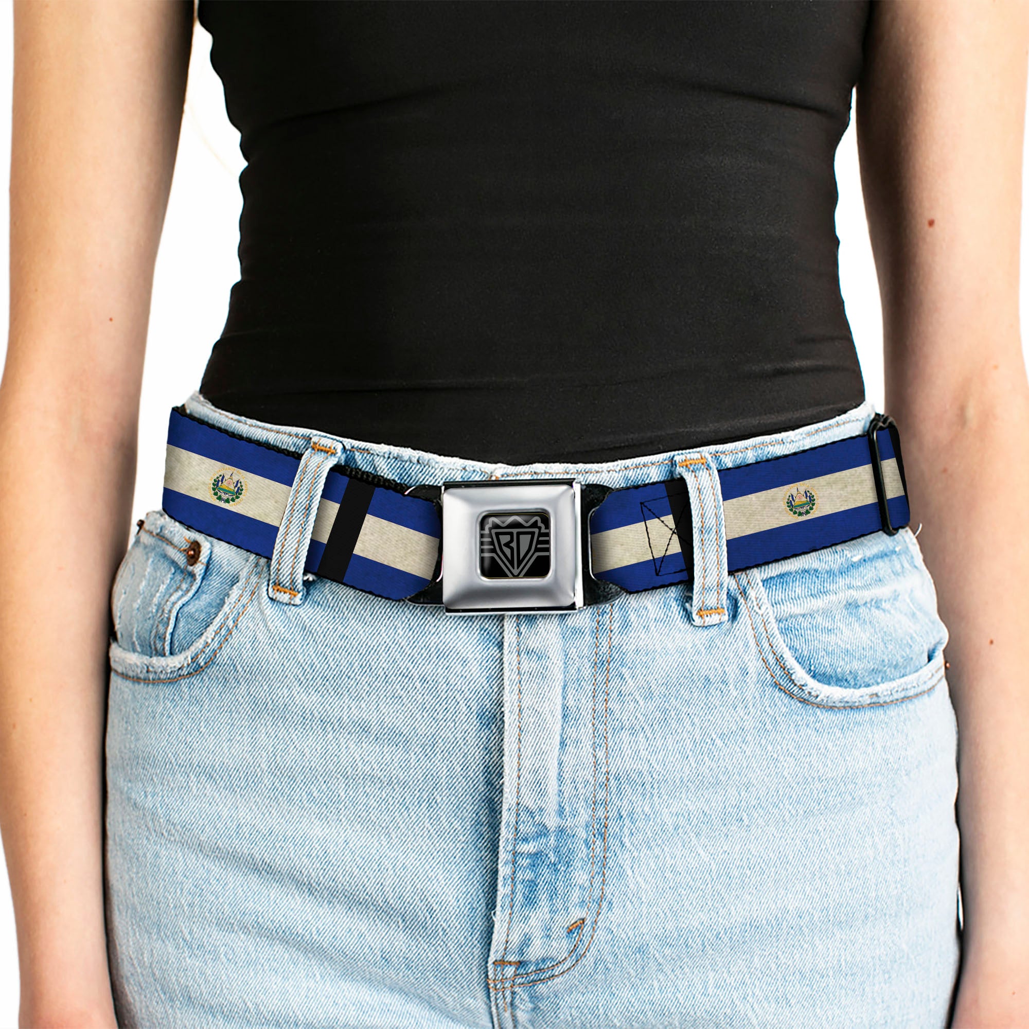 BD Wings Logo CLOSE-UP Full Color Black Silver Seatbelt Belt - El Salvador Flag/Black Webbing Seatbelt Belts Buckle-Down
