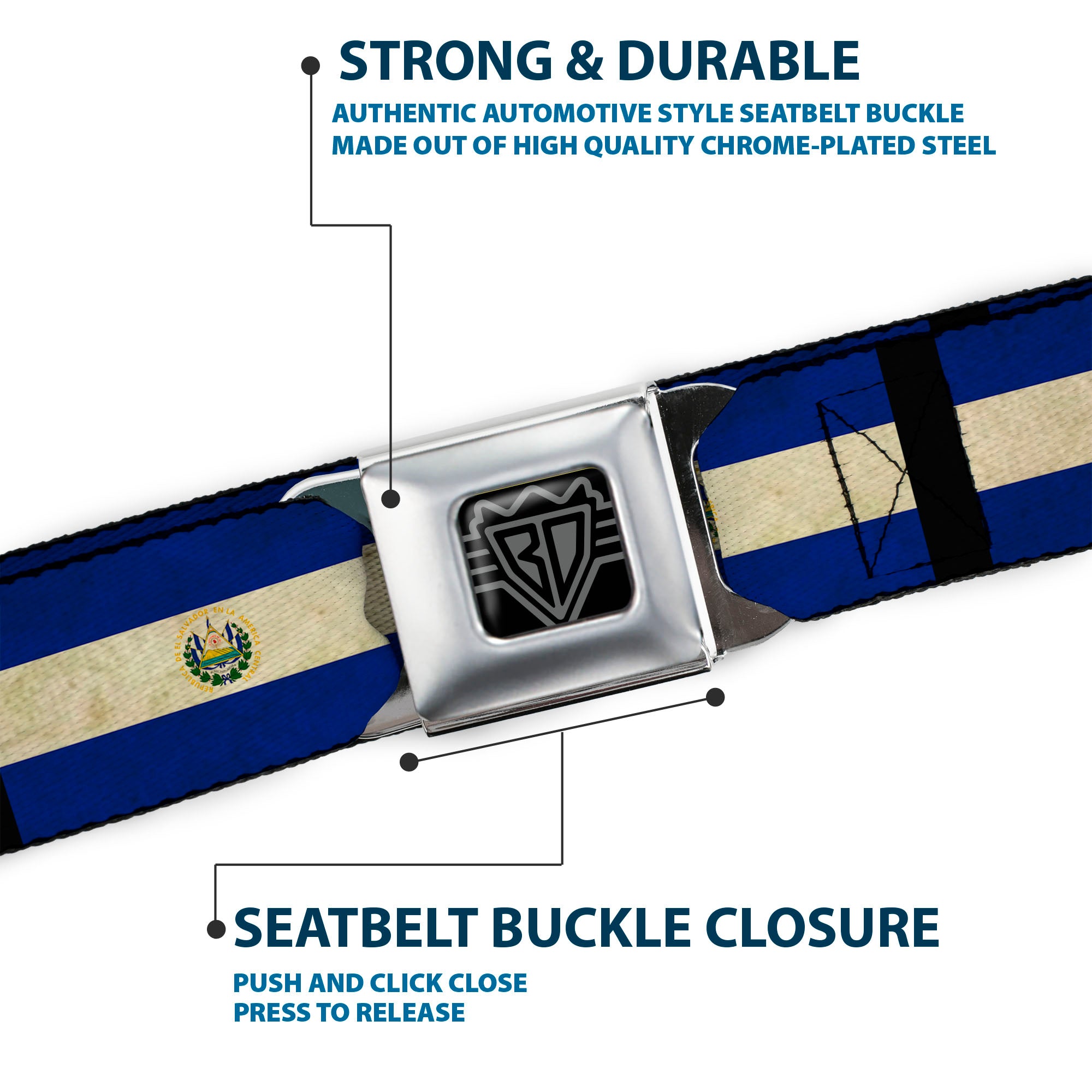 BD Wings Logo CLOSE-UP Full Color Black Silver Seatbelt Belt - El Salvador Flag/Black Webbing Seatbelt Belts Buckle-Down