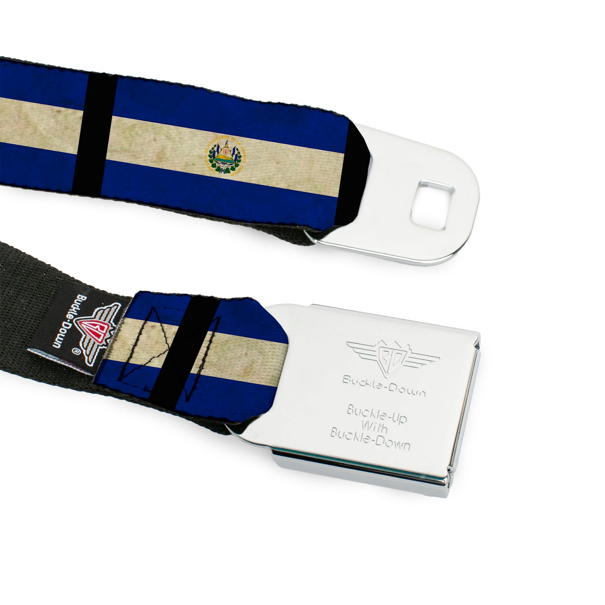 BD Wings Logo CLOSE-UP Full Color Black Silver Seatbelt Belt - El Salvador Flag/Black Webbing Seatbelt Belts Buckle-Down