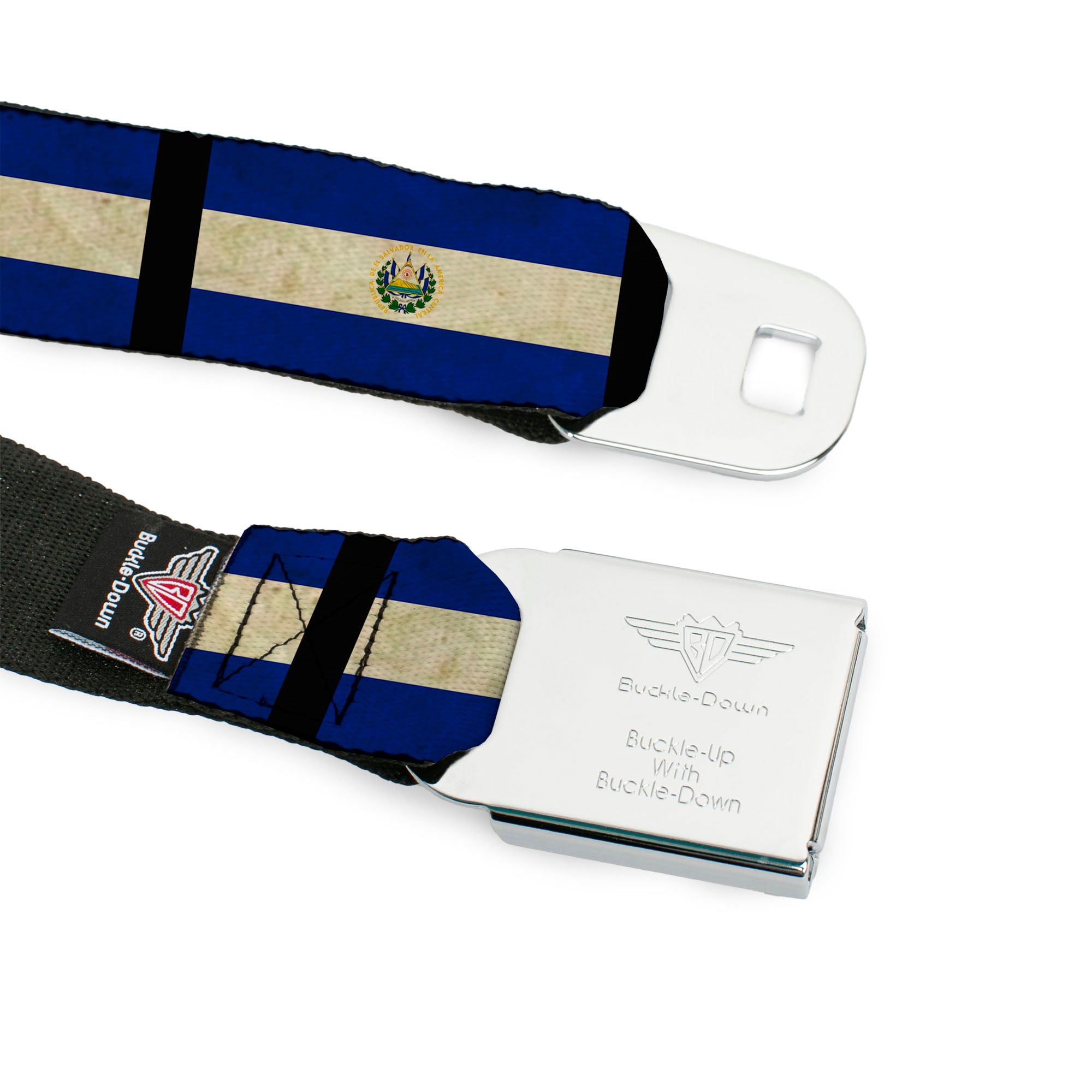 BD Wings Logo CLOSE-UP Full Color Black Silver Seatbelt Belt - El Salvador Flag/Black Webbing Seatbelt Belts Buckle-Down