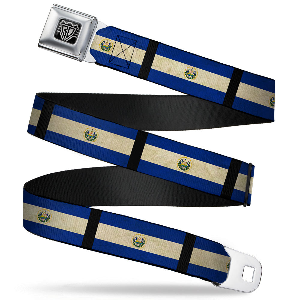 BD Wings Logo CLOSE-UP Full Color Black Silver Seatbelt Belt - El Salvador Flag/Black Webbing Seatbelt Belts Buckle-Down