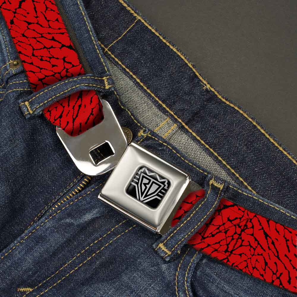 BD Wings Logo CLOSE-UP Full Color Black Silver Seatbelt Belt - Elephant Crackle Red Webbing Seatbelt Belts Buckle-Down