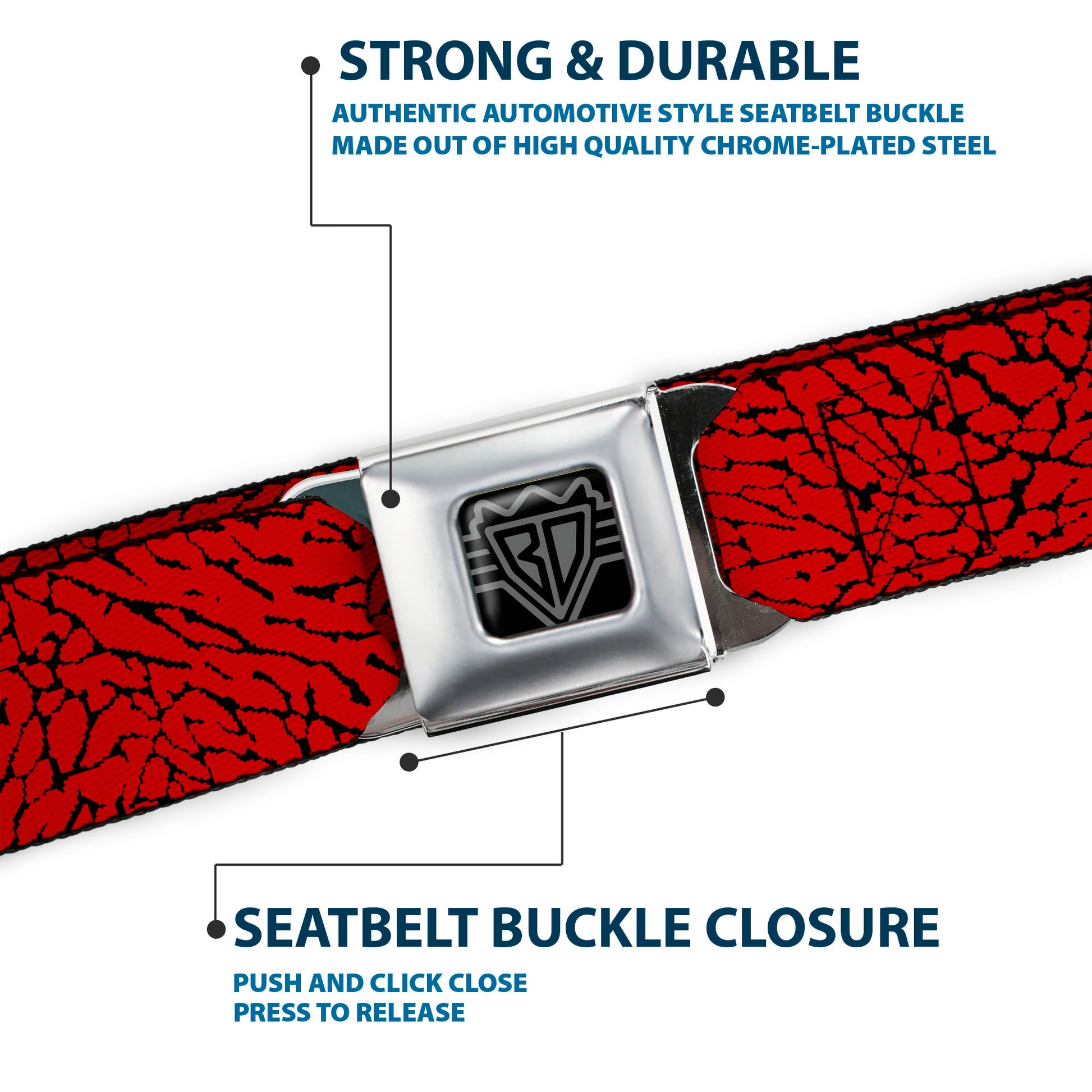 BD Wings Logo CLOSE-UP Full Color Black Silver Seatbelt Belt - Elephant Crackle Red Webbing Seatbelt Belts Buckle-Down
