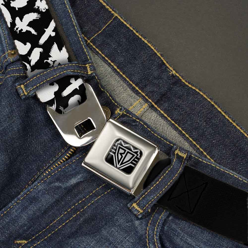 BD Wings Logo CLOSE-UP Full Color Black Silver Seatbelt Belt - Eagle Silhouettes Scattered Black/White Webbing Seatbelt Belts Buckle-Down