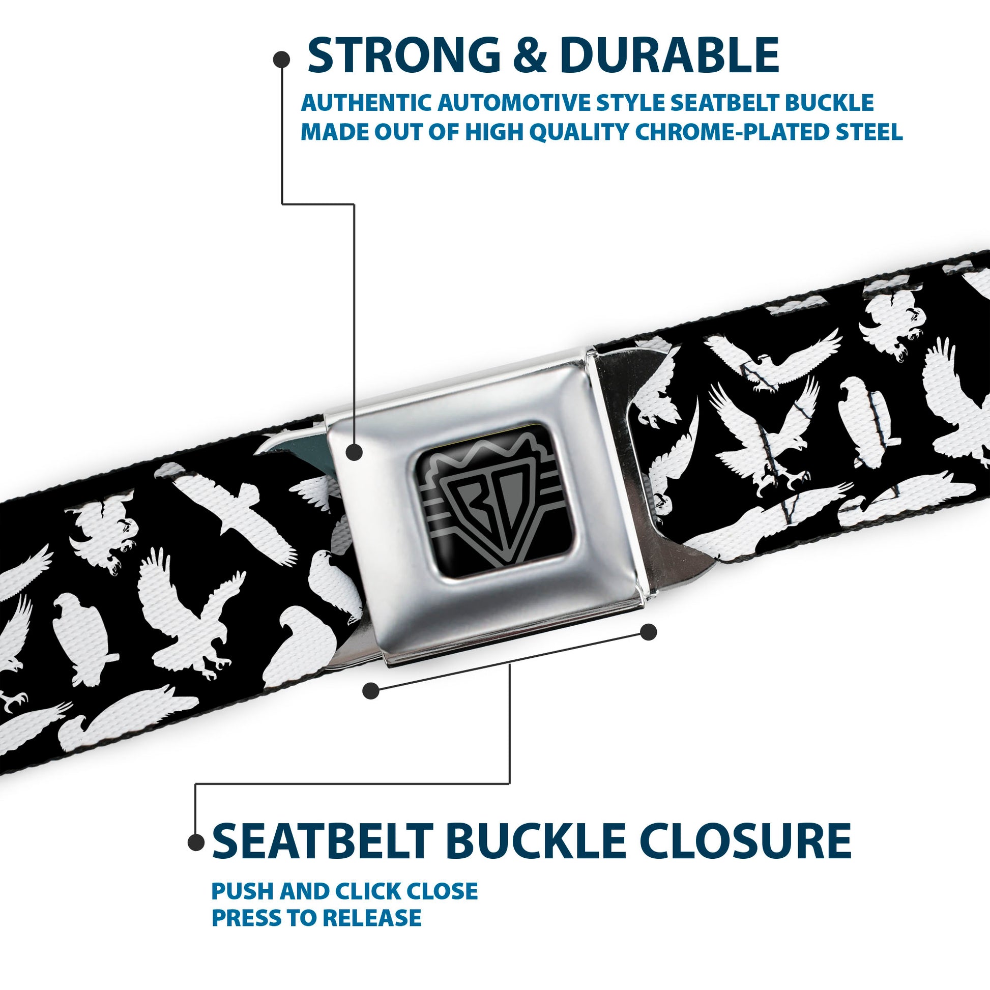 BD Wings Logo CLOSE-UP Full Color Black Silver Seatbelt Belt - Eagle Silhouettes Scattered Black/White Webbing Seatbelt Belts Buckle-Down