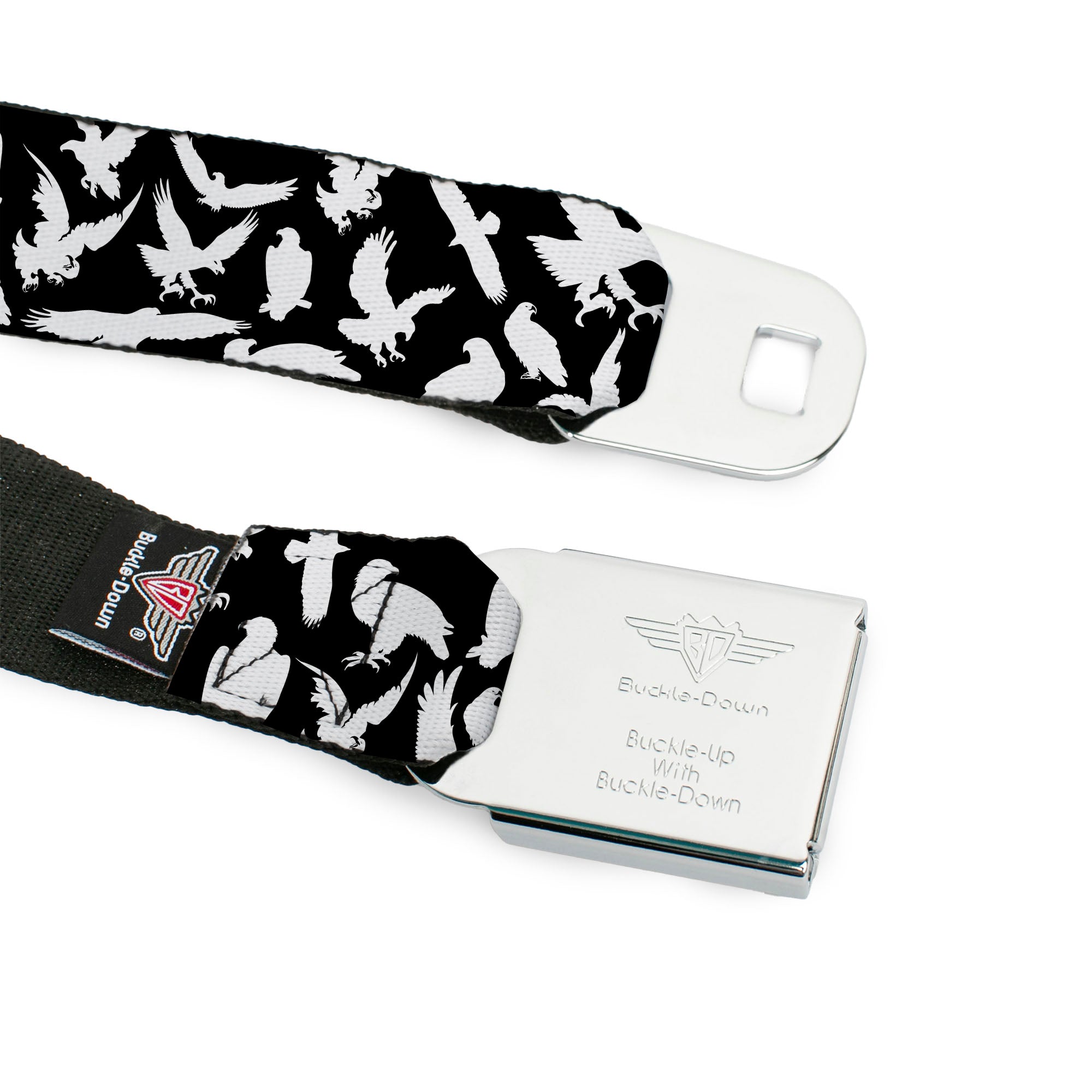 BD Wings Logo CLOSE-UP Full Color Black Silver Seatbelt Belt - Eagle Silhouettes Scattered Black/White Webbing Seatbelt Belts Buckle-Down