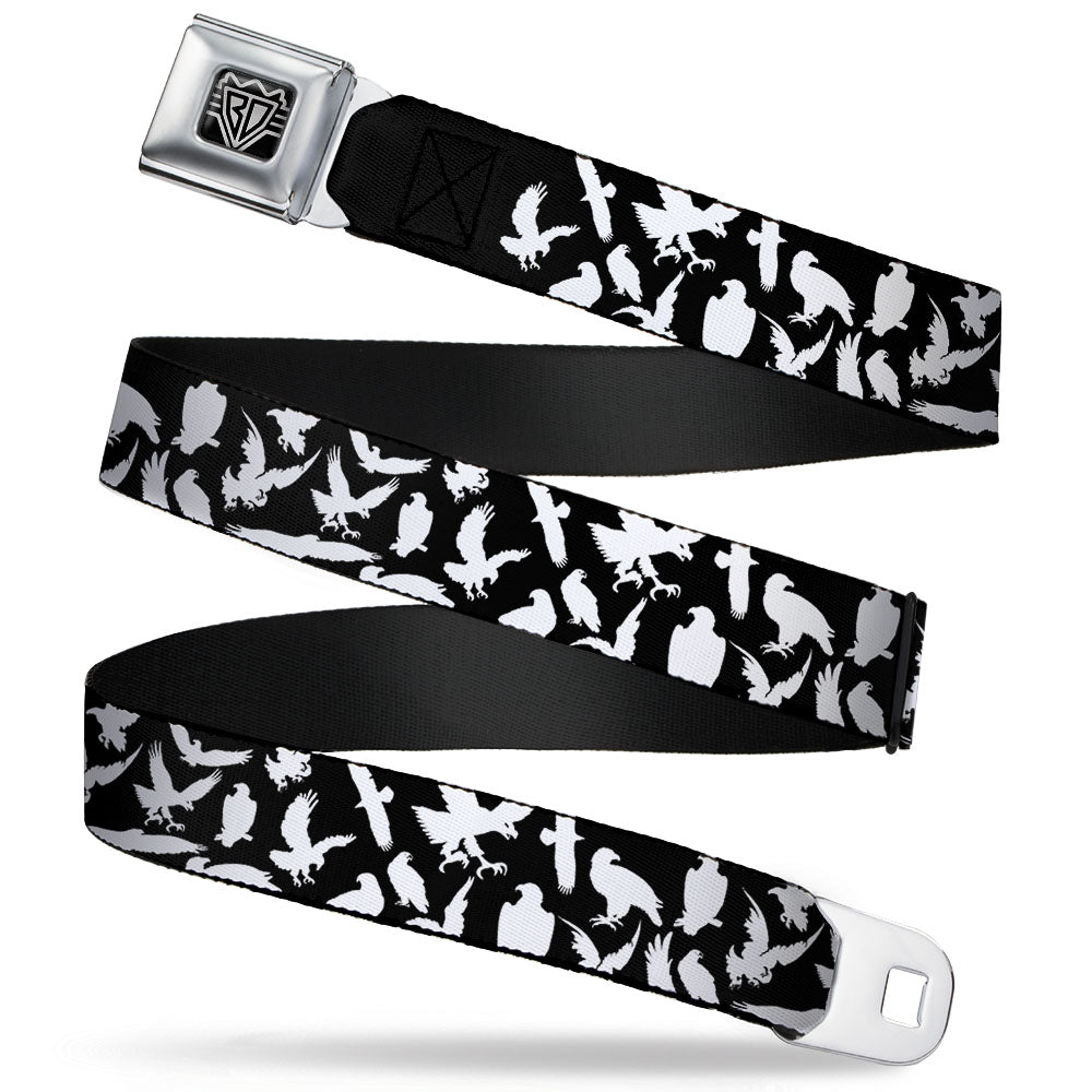 BD Wings Logo CLOSE-UP Full Color Black Silver Seatbelt Belt - Eagle Silhouettes Scattered Black/White Webbing Seatbelt Belts Buckle-Down