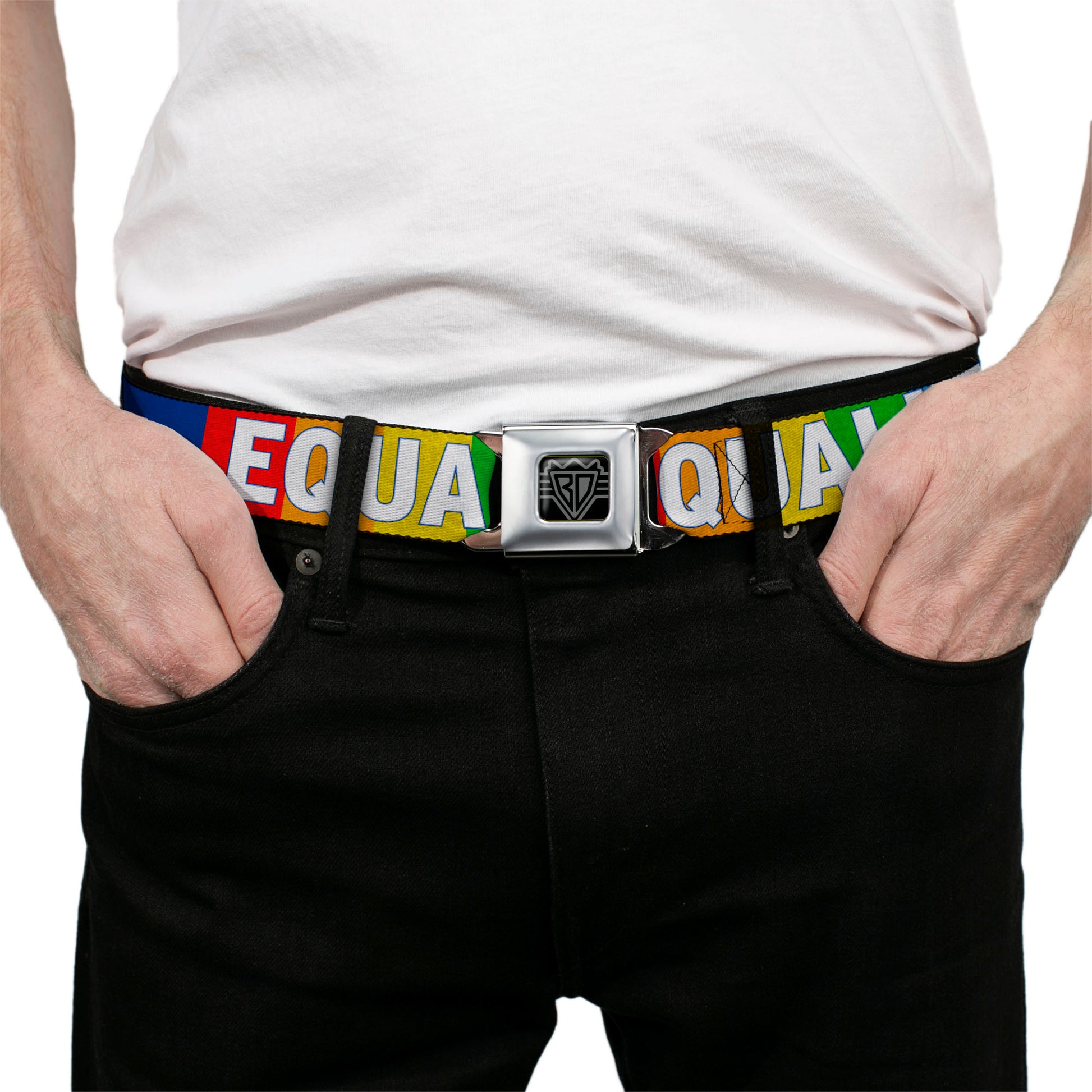 BD Wings Logo CLOSE-UP Black/Silver Seatbelt Belt - EQUALITY Blocks Rainbow/Blue/White Webbing Seatbelt Belts Buckle-Down