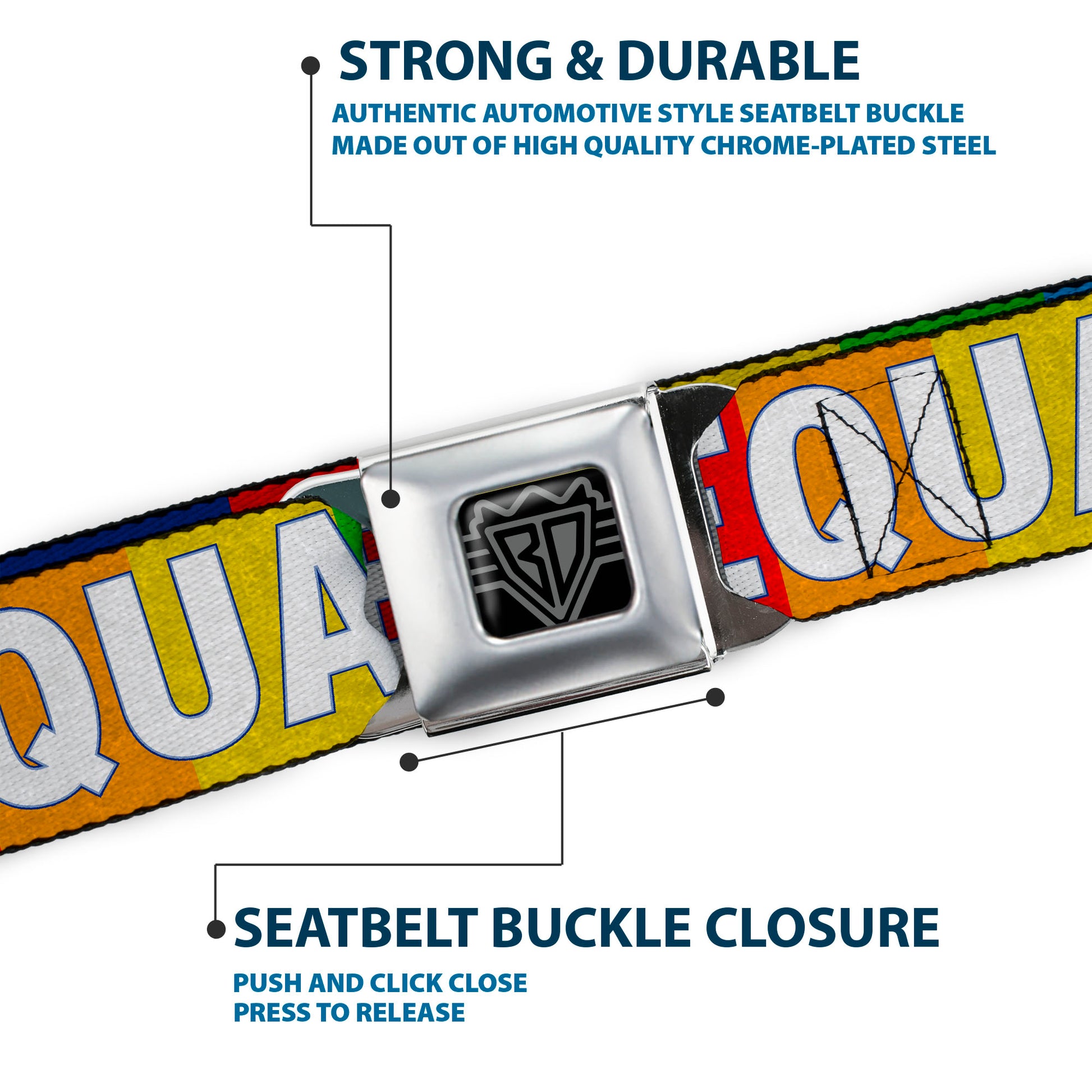 BD Wings Logo CLOSE-UP Black/Silver Seatbelt Belt - EQUALITY Blocks Rainbow/Blue/White Webbing Seatbelt Belts Buckle-Down