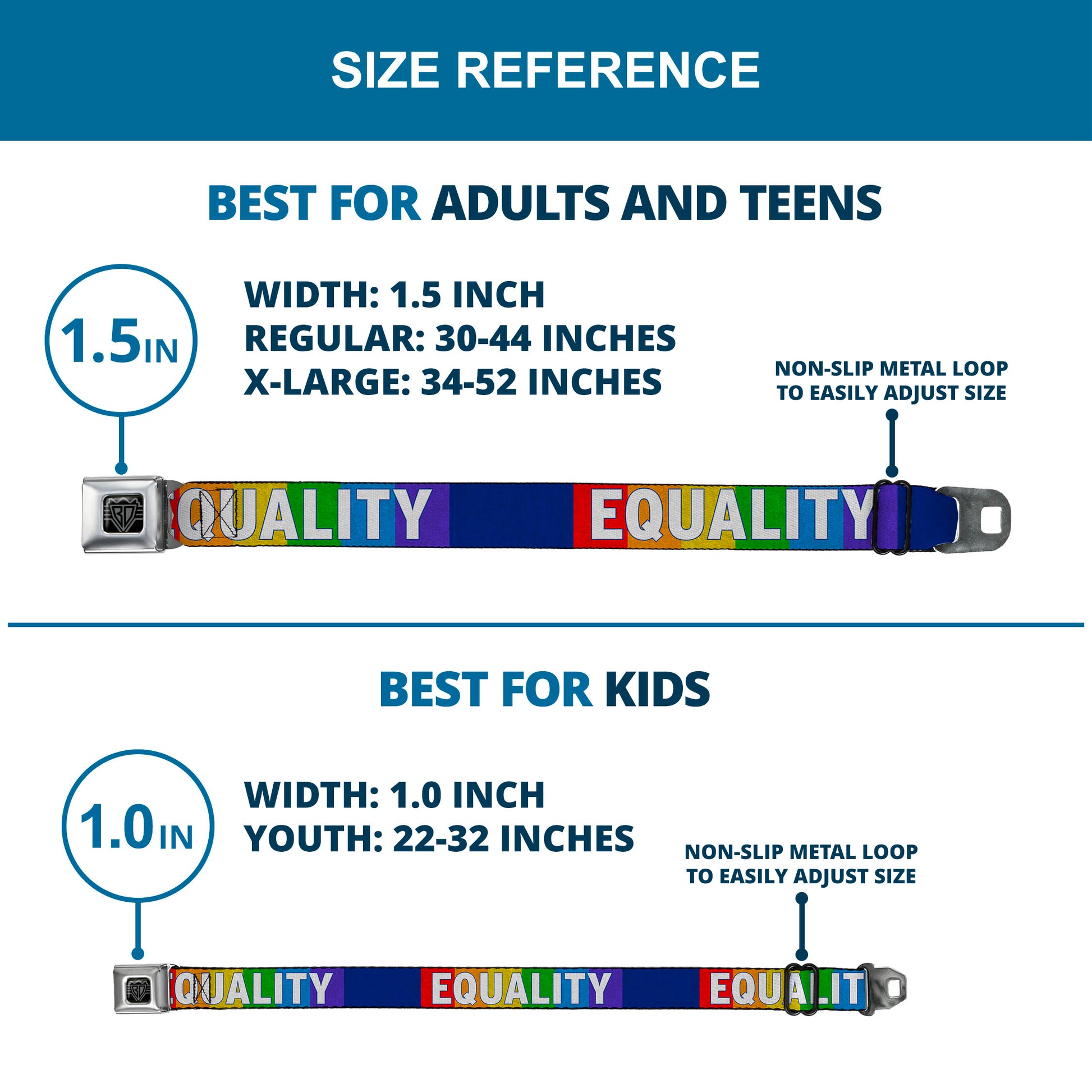BD Wings Logo CLOSE-UP Black/Silver Seatbelt Belt - EQUALITY Blocks Rainbow/Blue/White Webbing Seatbelt Belts Buckle-Down