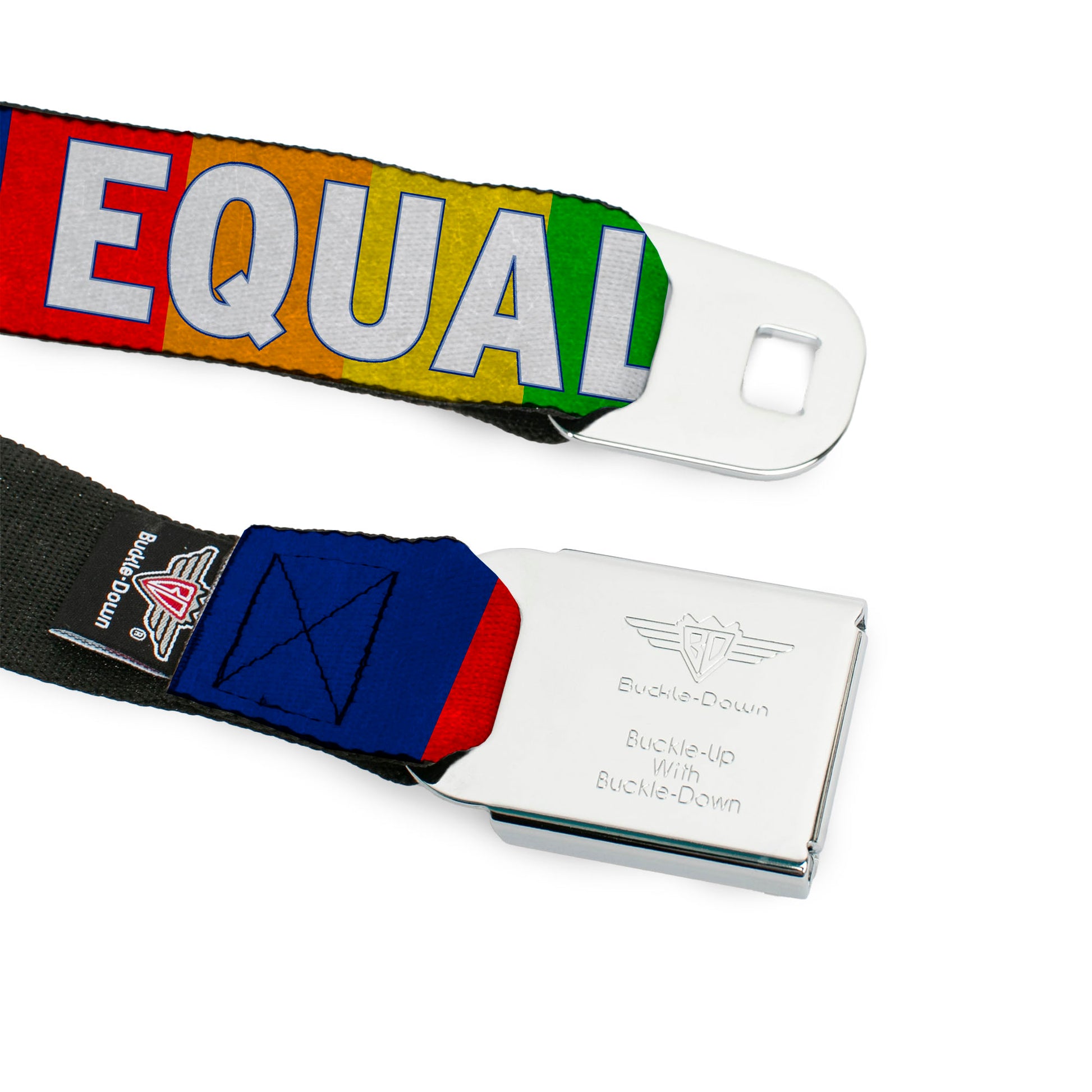 BD Wings Logo CLOSE-UP Black/Silver Seatbelt Belt - EQUALITY Blocks Rainbow/Blue/White Webbing Seatbelt Belts Buckle-Down