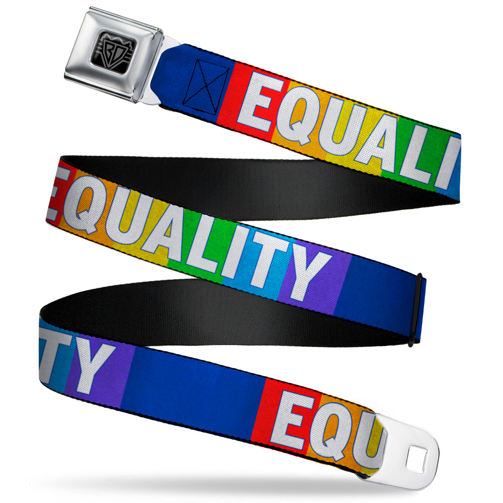 BD Wings Logo CLOSE-UP Black/Silver Seatbelt Belt - EQUALITY Blocks Rainbow/Blue/White Webbing Seatbelt Belts Buckle-Down