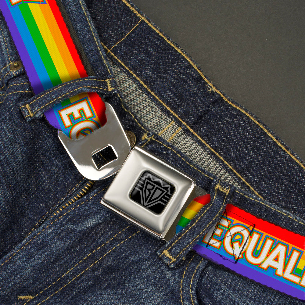 BD Wings Logo CLOSE-UP Black/Silver Seatbelt Belt - EQUALITY/Stripe Rainbow/White Webbing Seatbelt Belts Buckle-Down