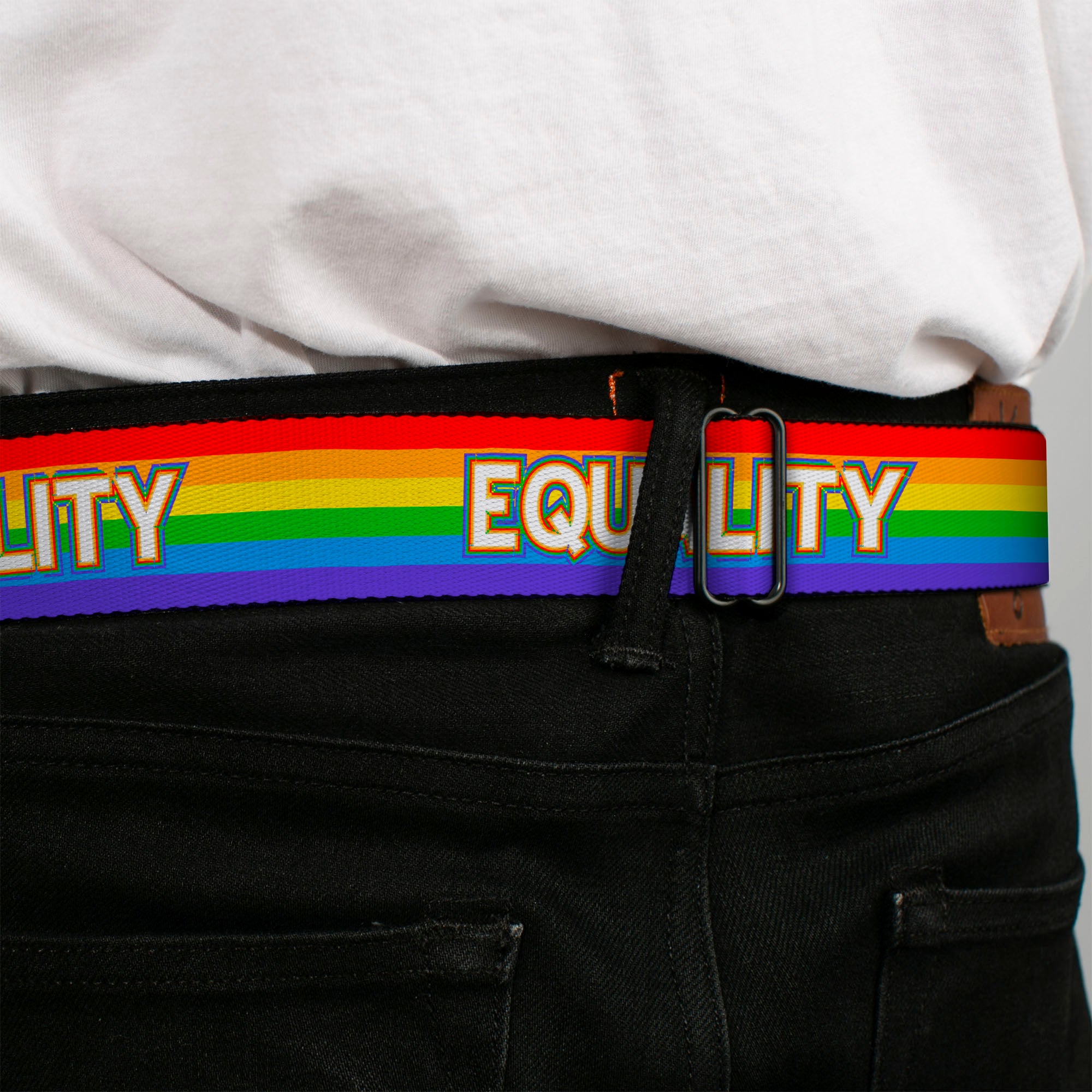 BD Wings Logo CLOSE-UP Black/Silver Seatbelt Belt - EQUALITY/Stripe Rainbow/White Webbing Seatbelt Belts Buckle-Down
