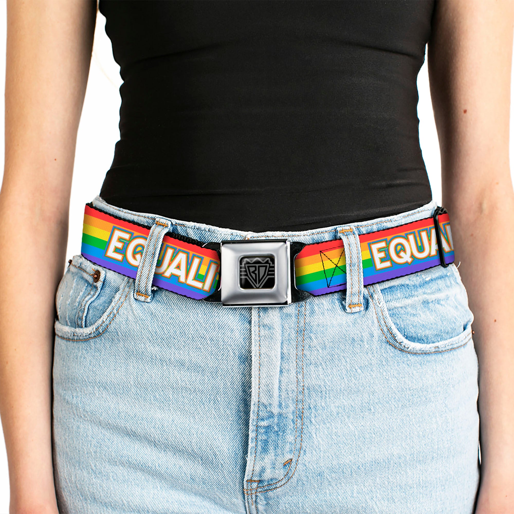 BD Wings Logo CLOSE-UP Black/Silver Seatbelt Belt - EQUALITY/Stripe Rainbow/White Webbing Seatbelt Belts Buckle-Down