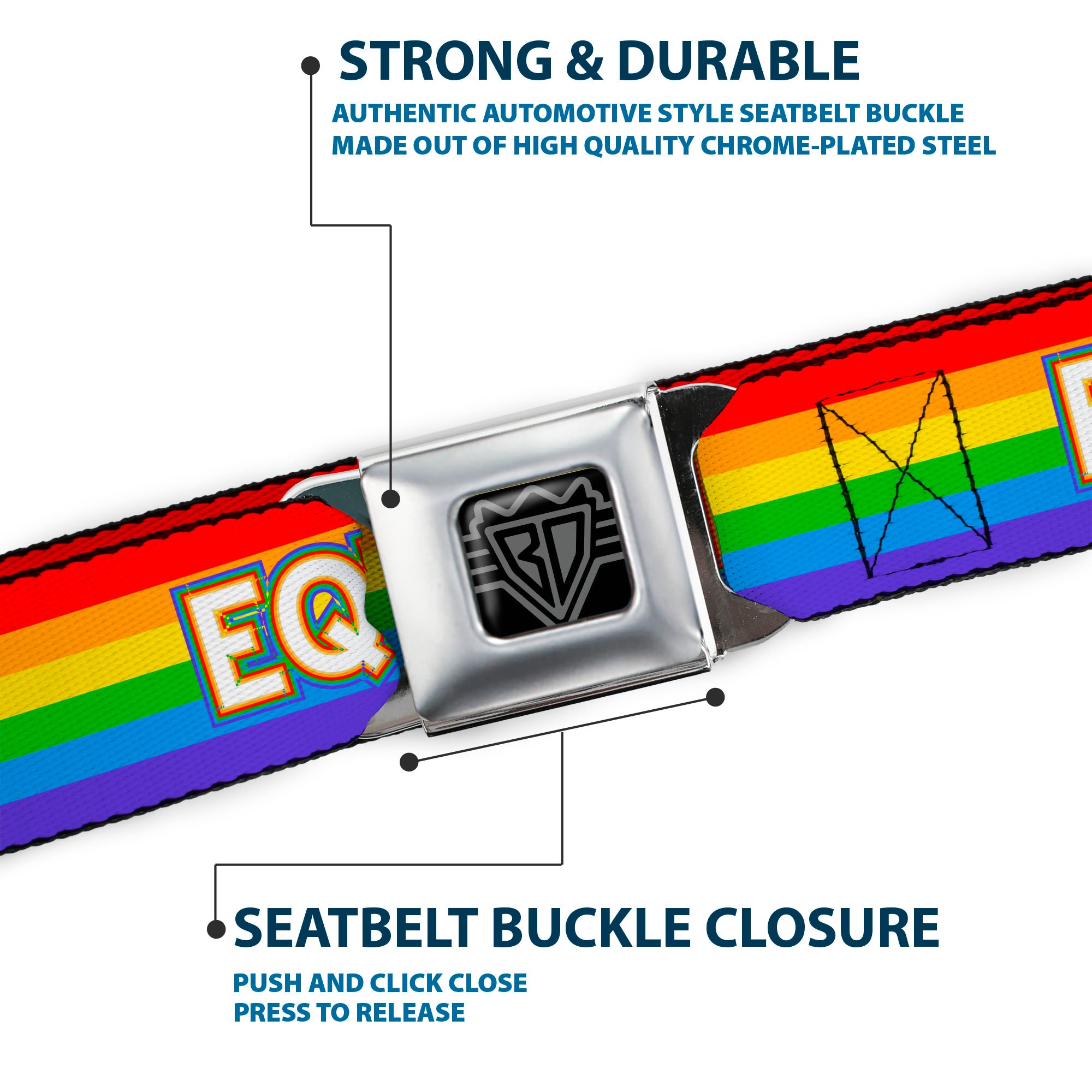 BD Wings Logo CLOSE-UP Black/Silver Seatbelt Belt - EQUALITY/Stripe Rainbow/White Webbing Seatbelt Belts Buckle-Down