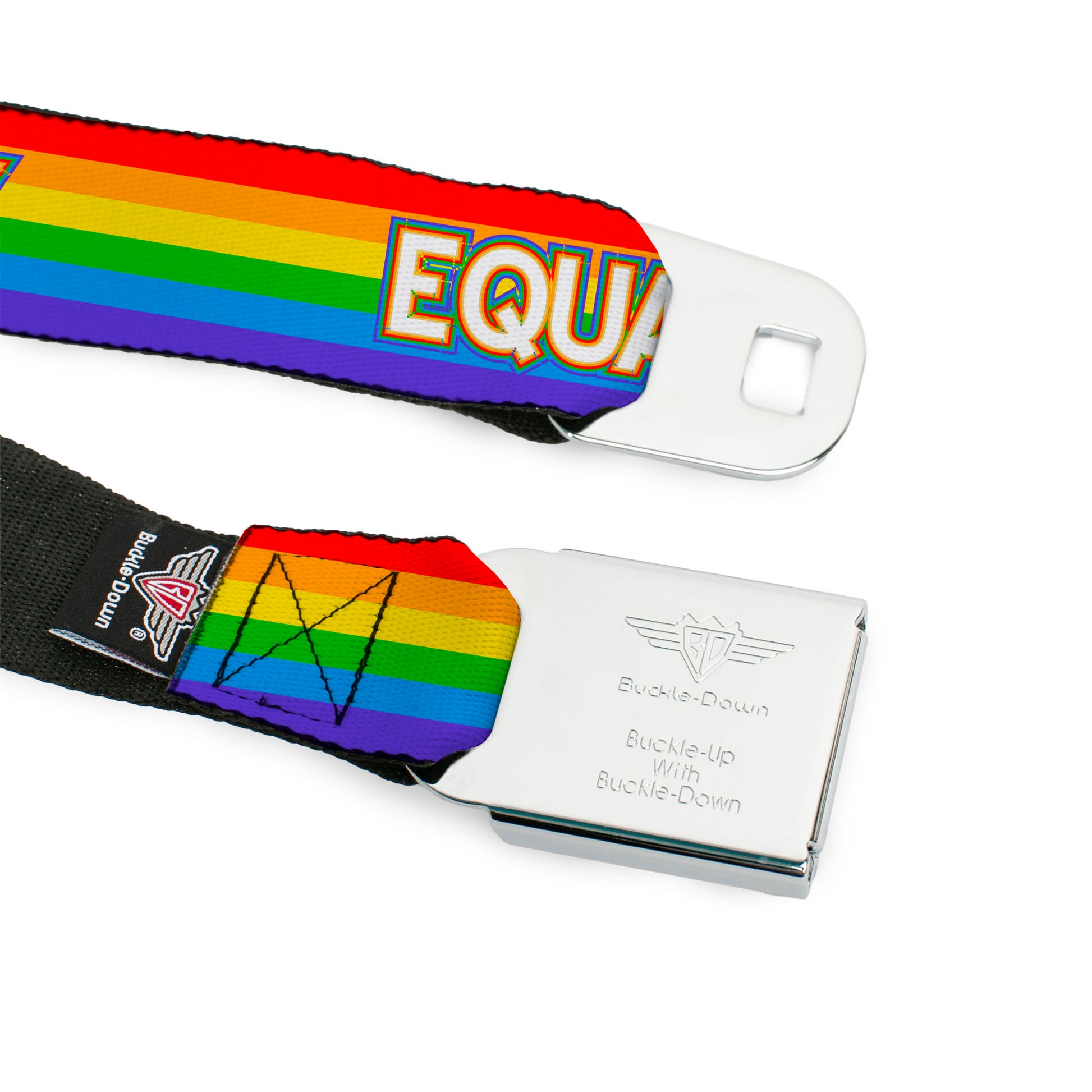 BD Wings Logo CLOSE-UP Black/Silver Seatbelt Belt - EQUALITY/Stripe Rainbow/White Webbing Seatbelt Belts Buckle-Down
