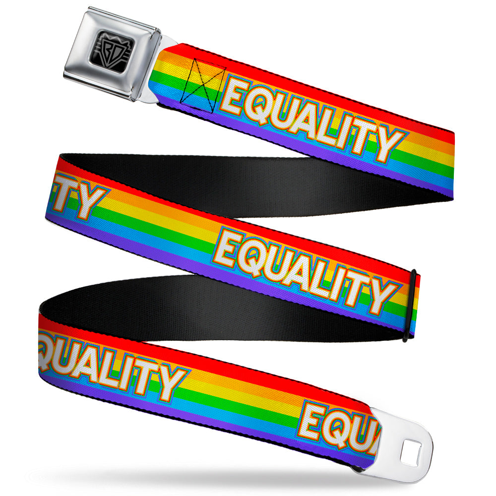 BD Wings Logo CLOSE-UP Black/Silver Seatbelt Belt - EQUALITY/Stripe Rainbow/White Webbing Seatbelt Belts Buckle-Down