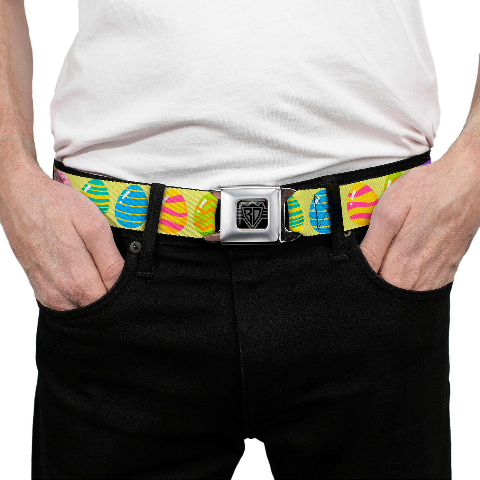 BD Wings Logo CLOSE-UP Black/Silver Seatbelt Belt - Easter Eggs Decorated Eggs Yellow/Multi Color Webbing Seatbelt Belts Buckle-Down