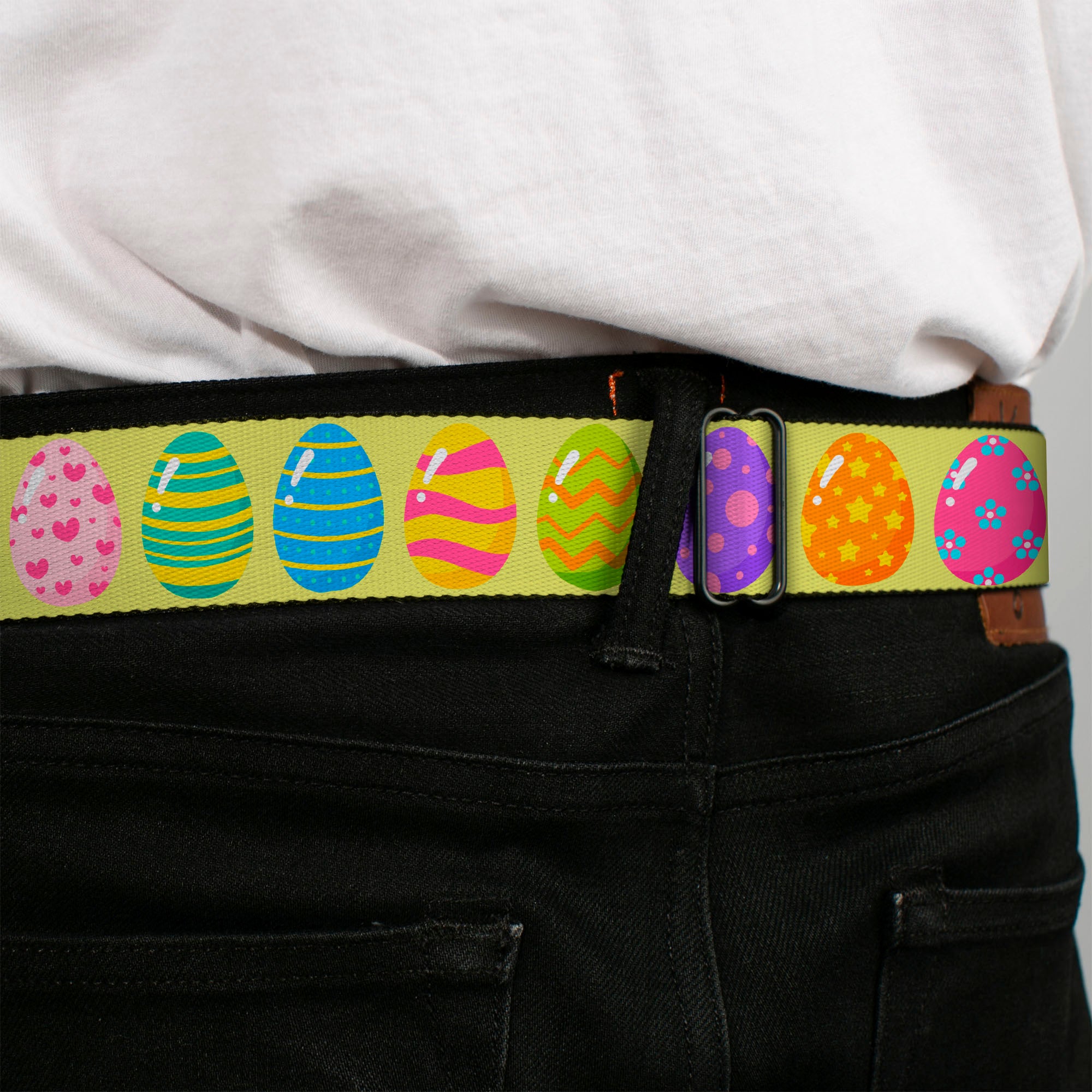 BD Wings Logo CLOSE-UP Black/Silver Seatbelt Belt - Easter Eggs Decorated Eggs Yellow/Multi Color Webbing Seatbelt Belts Buckle-Down