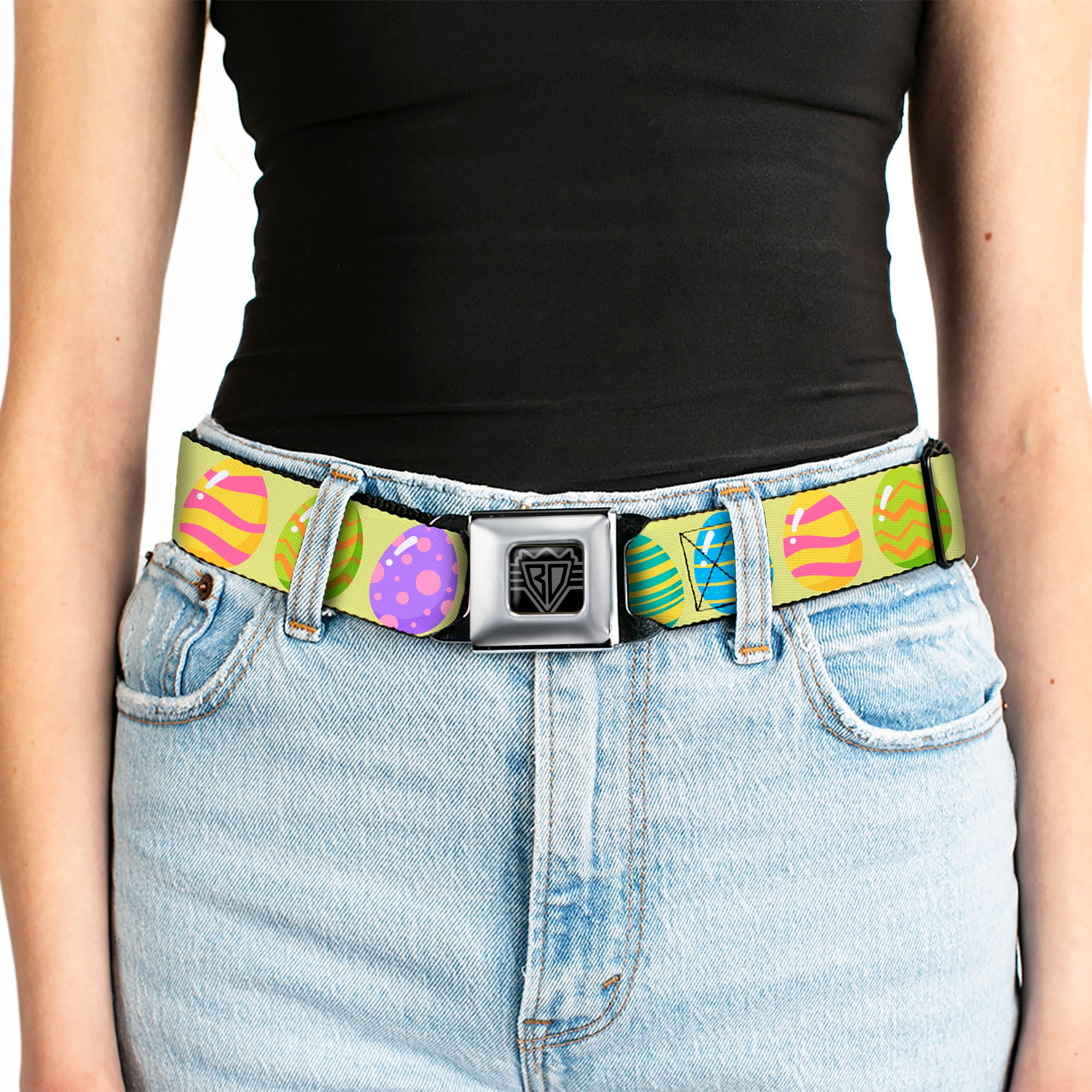 BD Wings Logo CLOSE-UP Black/Silver Seatbelt Belt - Easter Eggs Decorated Eggs Yellow/Multi Color Webbing Seatbelt Belts Buckle-Down