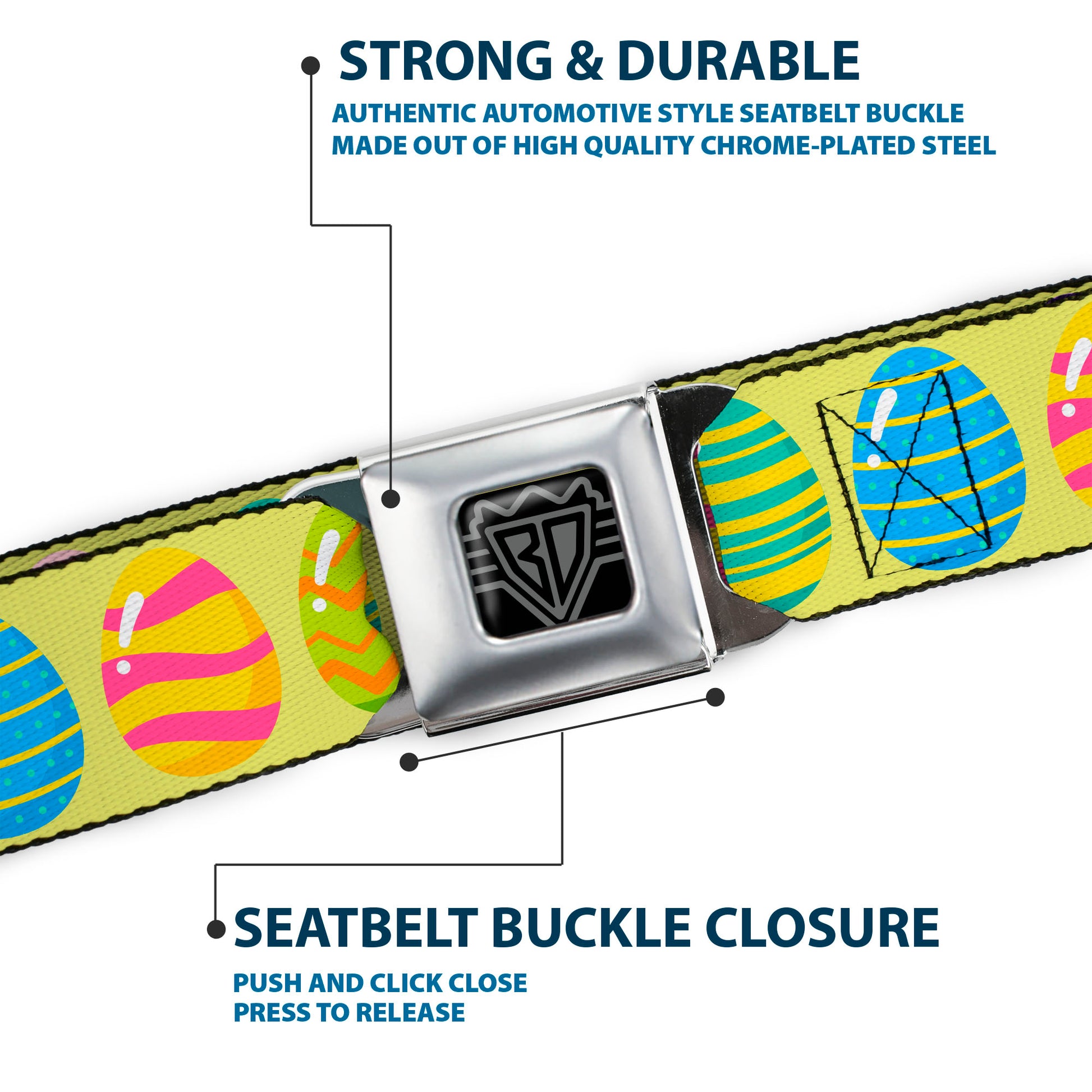 BD Wings Logo CLOSE-UP Black/Silver Seatbelt Belt - Easter Eggs Decorated Eggs Yellow/Multi Color Webbing Seatbelt Belts Buckle-Down