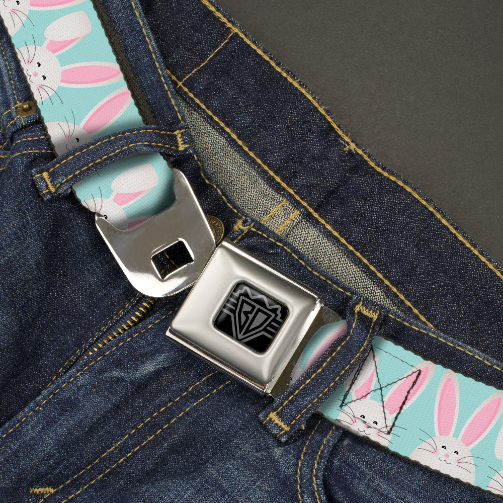 BD Wings Logo CLOSE-UP Black/Silver Seatbelt Belt - Easter Bunnies Smiling Sky Blue Webbing Seatbelt Belts Buckle-Down
