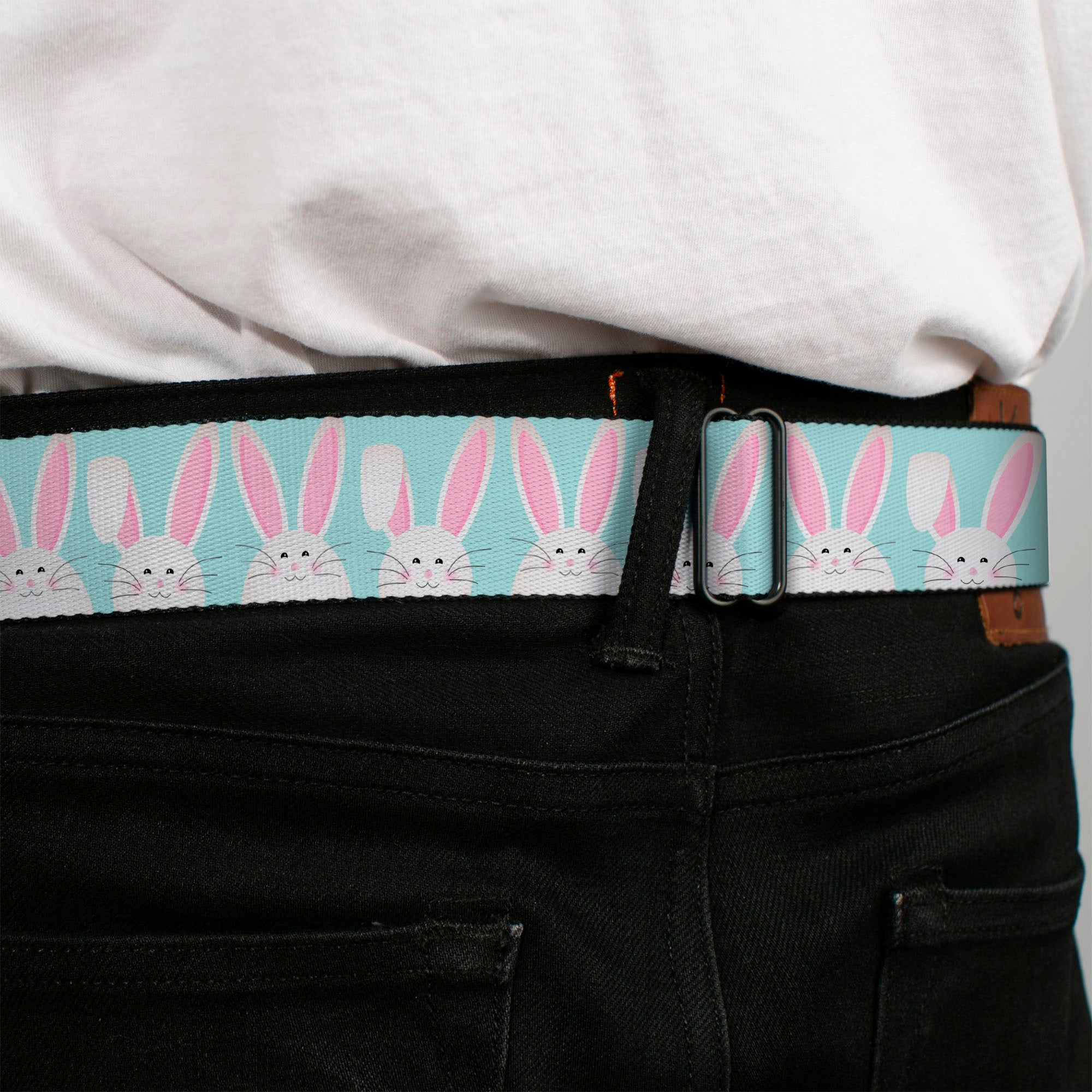 BD Wings Logo CLOSE-UP Black/Silver Seatbelt Belt - Easter Bunnies Smiling Sky Blue Webbing Seatbelt Belts Buckle-Down