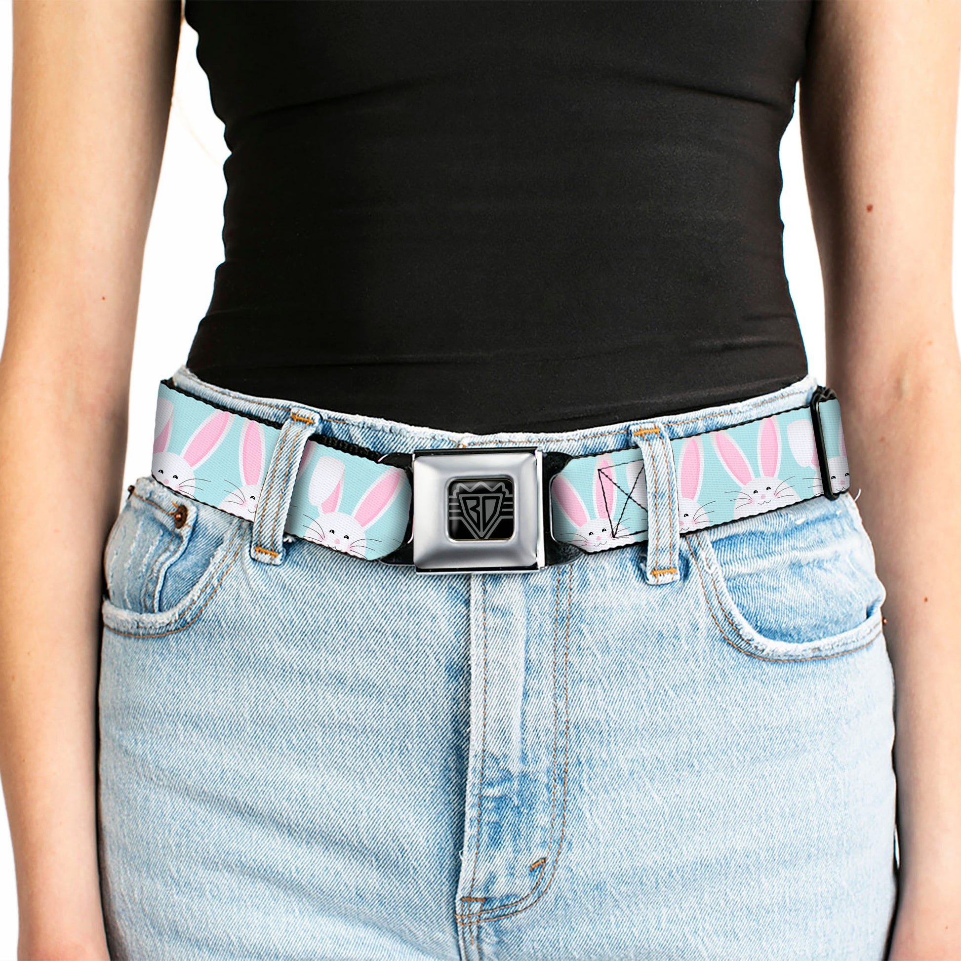 BD Wings Logo CLOSE-UP Black/Silver Seatbelt Belt - Easter Bunnies Smiling Sky Blue Webbing Seatbelt Belts Buckle-Down