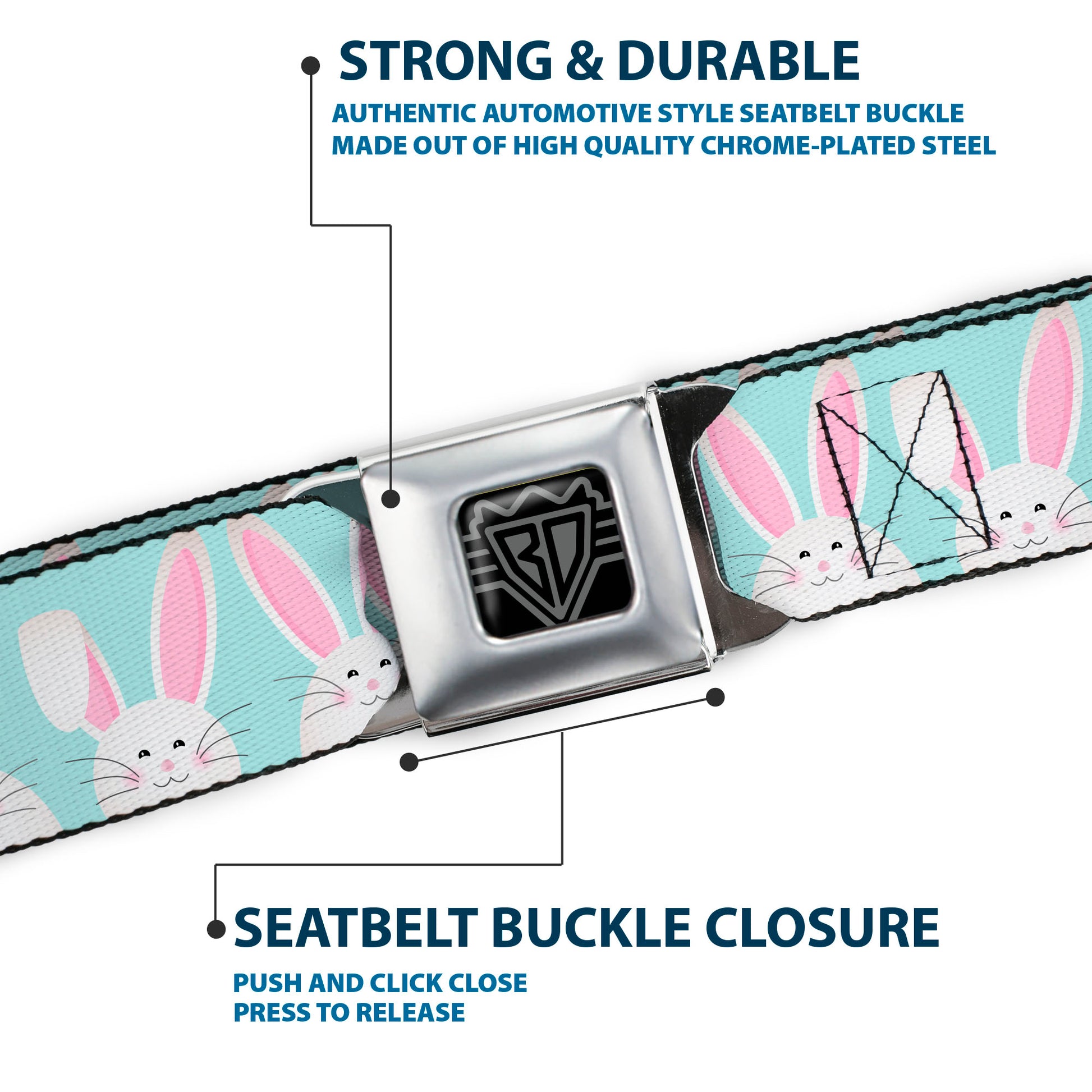 BD Wings Logo CLOSE-UP Black/Silver Seatbelt Belt - Easter Bunnies Smiling Sky Blue Webbing Seatbelt Belts Buckle-Down