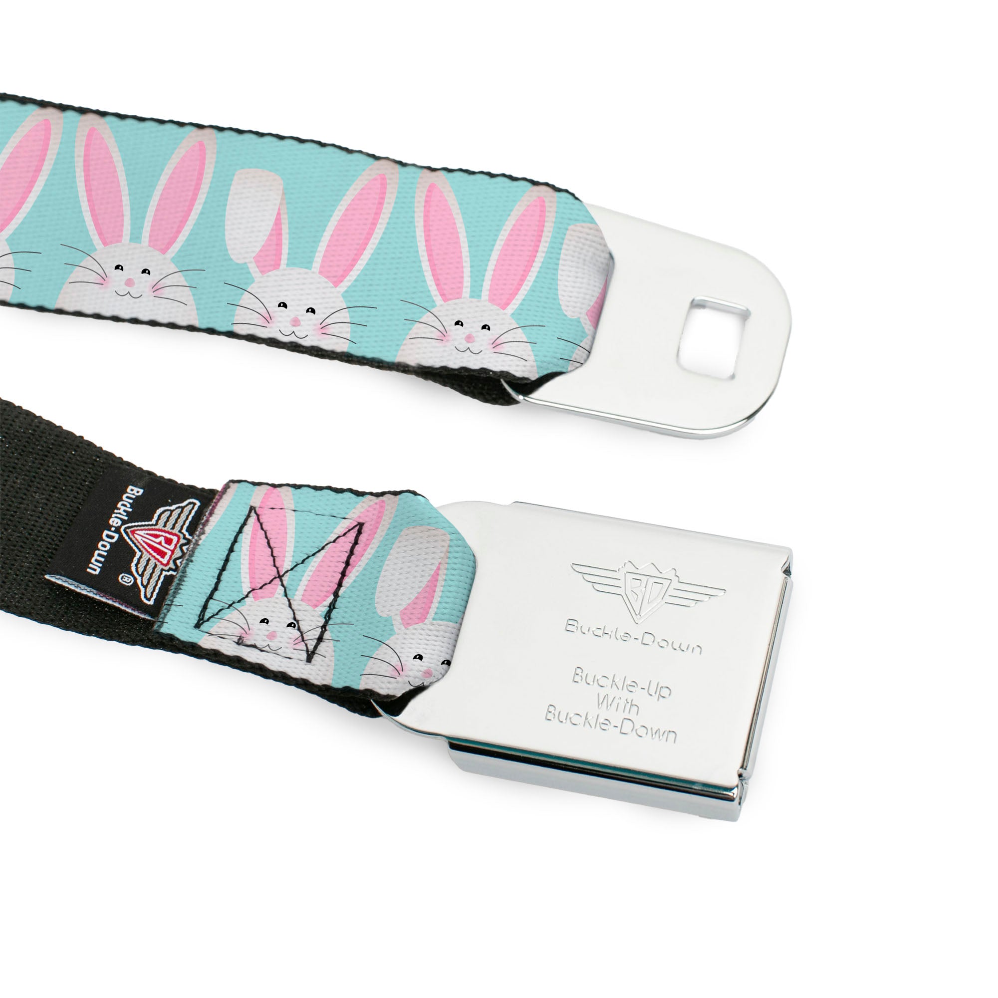 BD Wings Logo CLOSE-UP Black/Silver Seatbelt Belt - Easter Bunnies Smiling Sky Blue Webbing Seatbelt Belts Buckle-Down