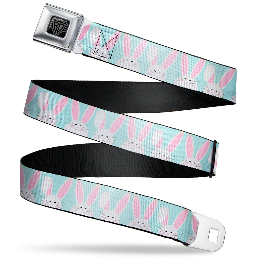 BD Wings Logo CLOSE-UP Black/Silver Seatbelt Belt - Easter Bunnies Smiling Sky Blue Webbing Seatbelt Belts Buckle-Down