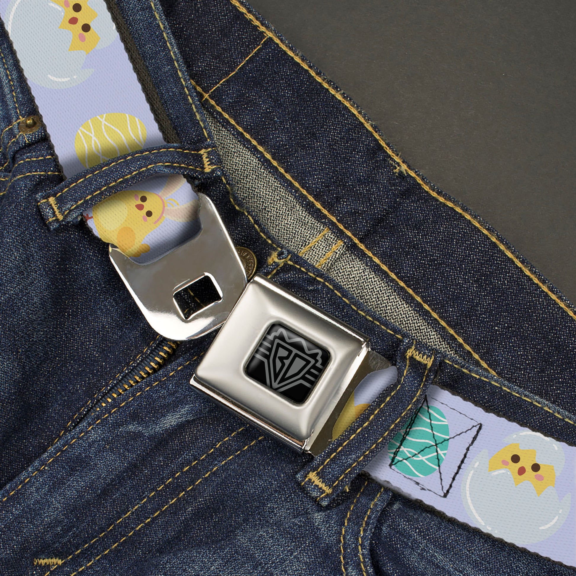 BD Wings Logo CLOSE-UP Black/Silver Seatbelt Belt - Easter Chicks and Eggs Lavender Webbing Seatbelt Belts Buckle-Down