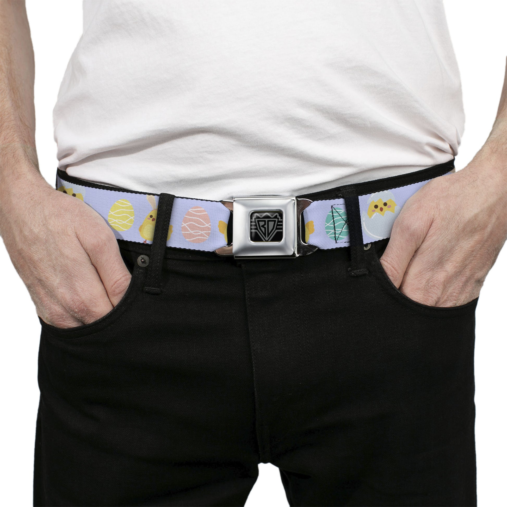 BD Wings Logo CLOSE-UP Black/Silver Seatbelt Belt - Easter Chicks and Eggs Lavender Webbing Seatbelt Belts Buckle-Down