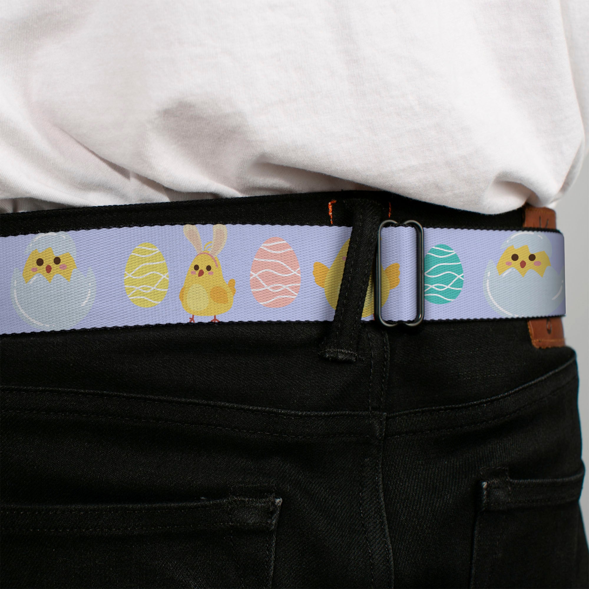 BD Wings Logo CLOSE-UP Black/Silver Seatbelt Belt - Easter Chicks and Eggs Lavender Webbing Seatbelt Belts Buckle-Down