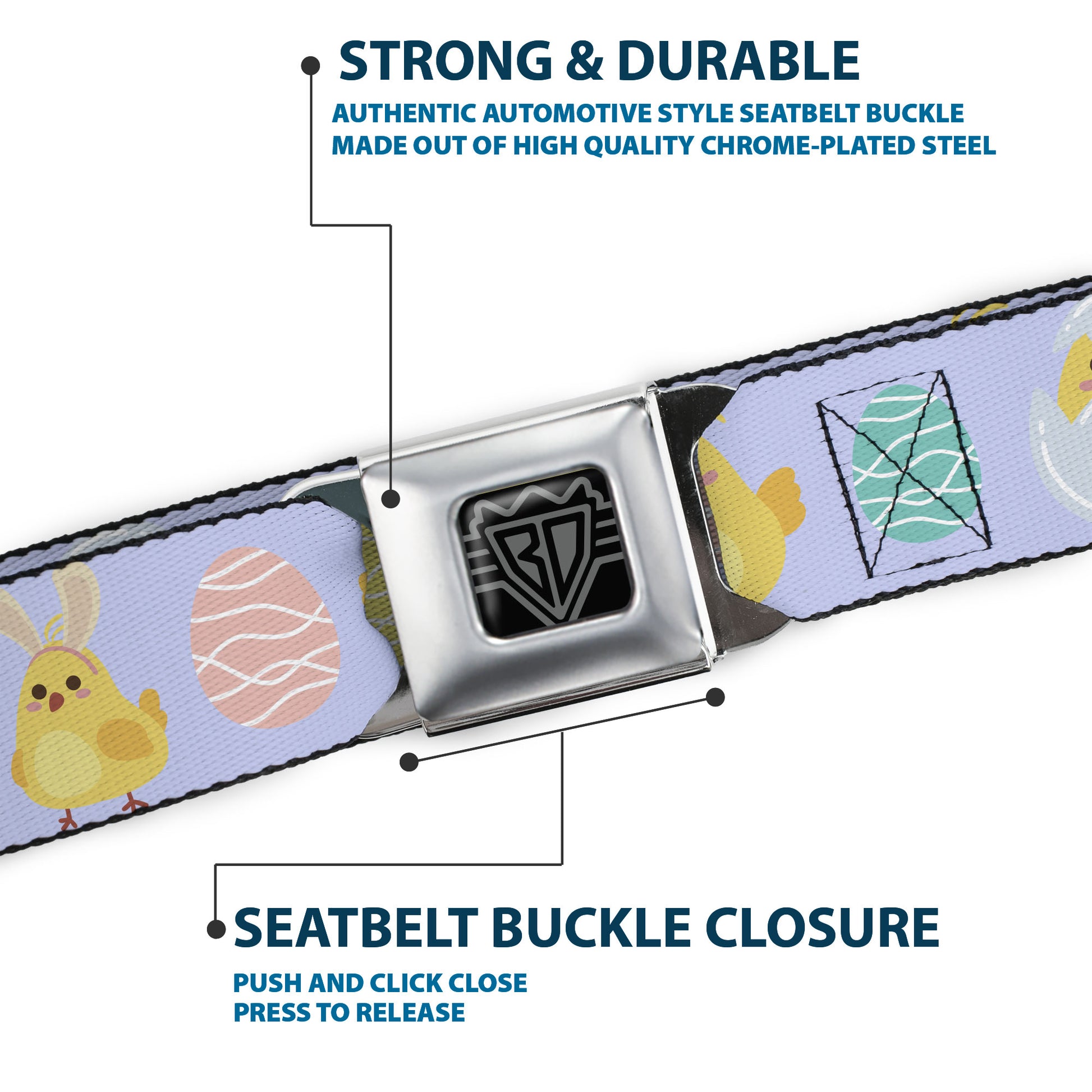 BD Wings Logo CLOSE-UP Black/Silver Seatbelt Belt - Easter Chicks and Eggs Lavender Webbing Seatbelt Belts Buckle-Down