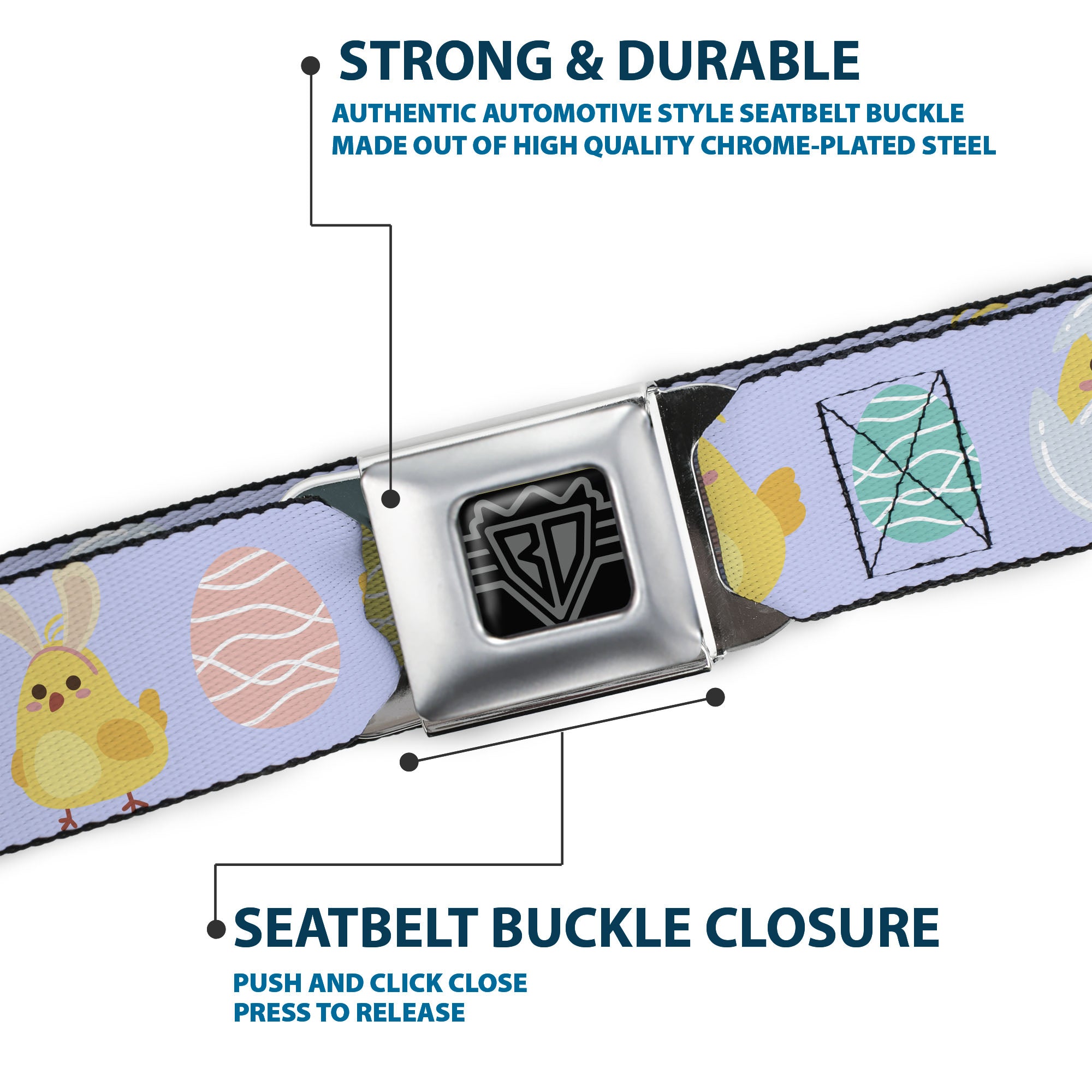 BD Wings Logo CLOSE-UP Black/Silver Seatbelt Belt - Easter Chicks and Eggs Lavender Webbing Seatbelt Belts Buckle-Down