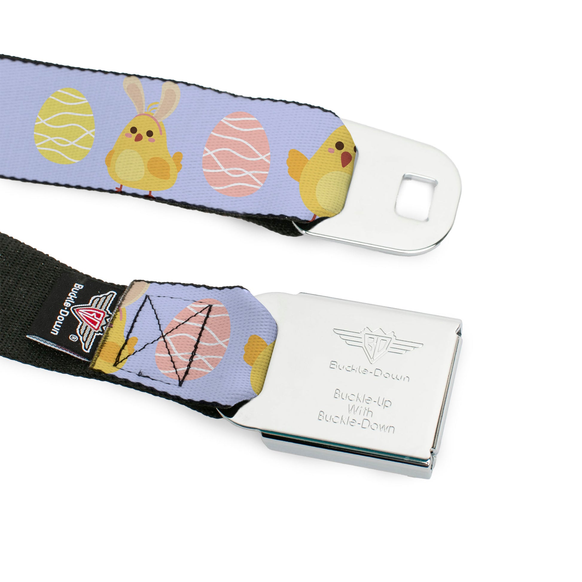 BD Wings Logo CLOSE-UP Black/Silver Seatbelt Belt - Easter Chicks and Eggs Lavender Webbing Seatbelt Belts Buckle-Down